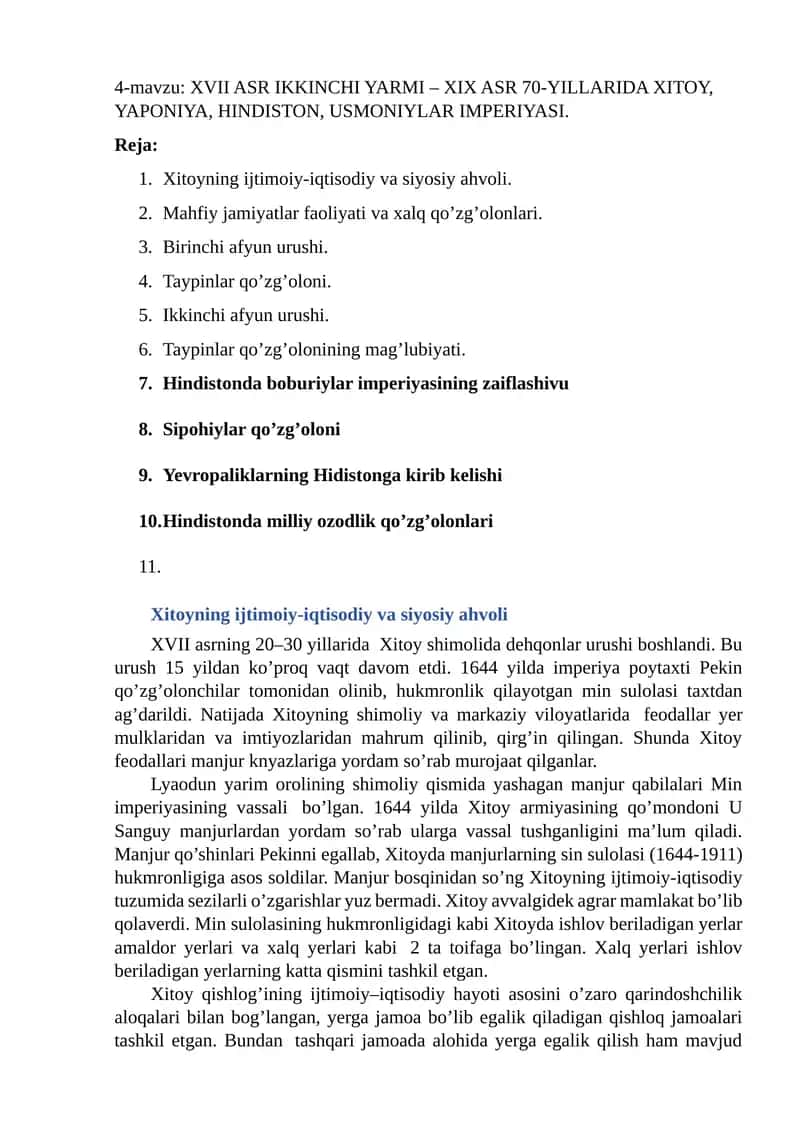 XVII ASR IKKINCHI YARMI – XIX ASR 70-YILLARIDA XITOY, YAPONIYA, HINDISTON, USMONIYLAR IMPERIYASI 1