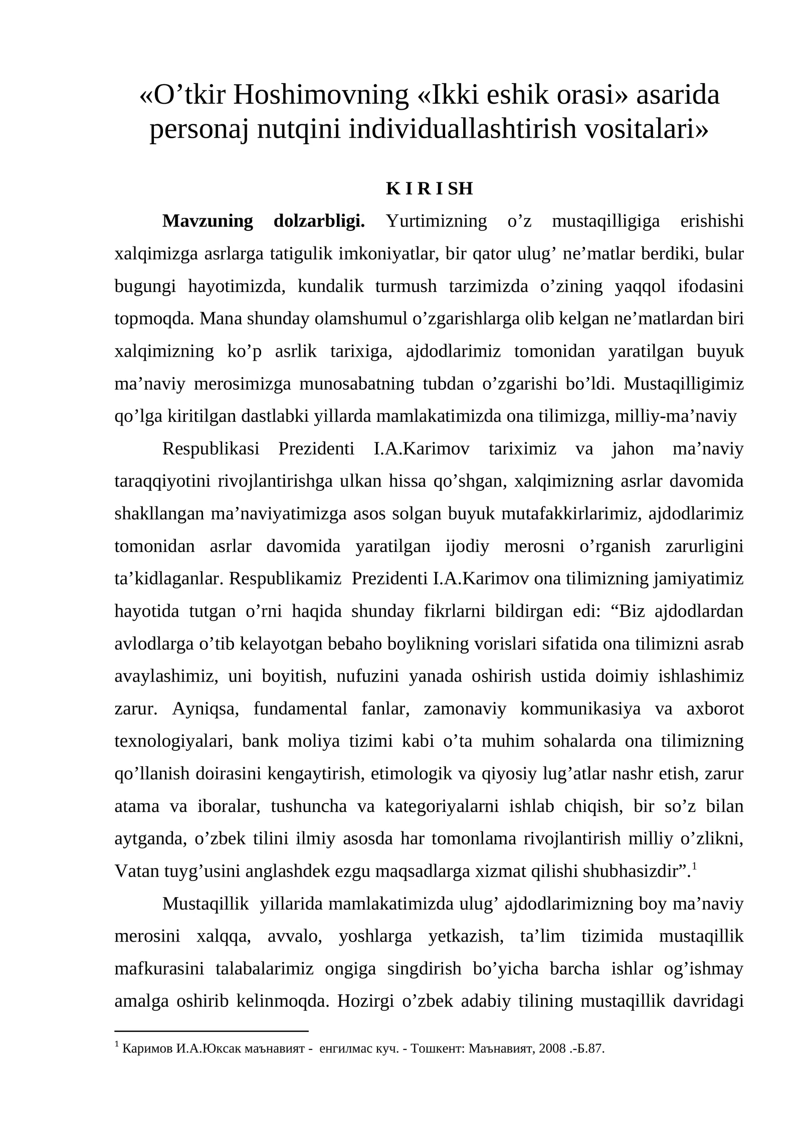 «O’tkir Hoshimovning «Ikki eshik orasi» asarida personaj nutqini individuallashtirish vositalari» 1