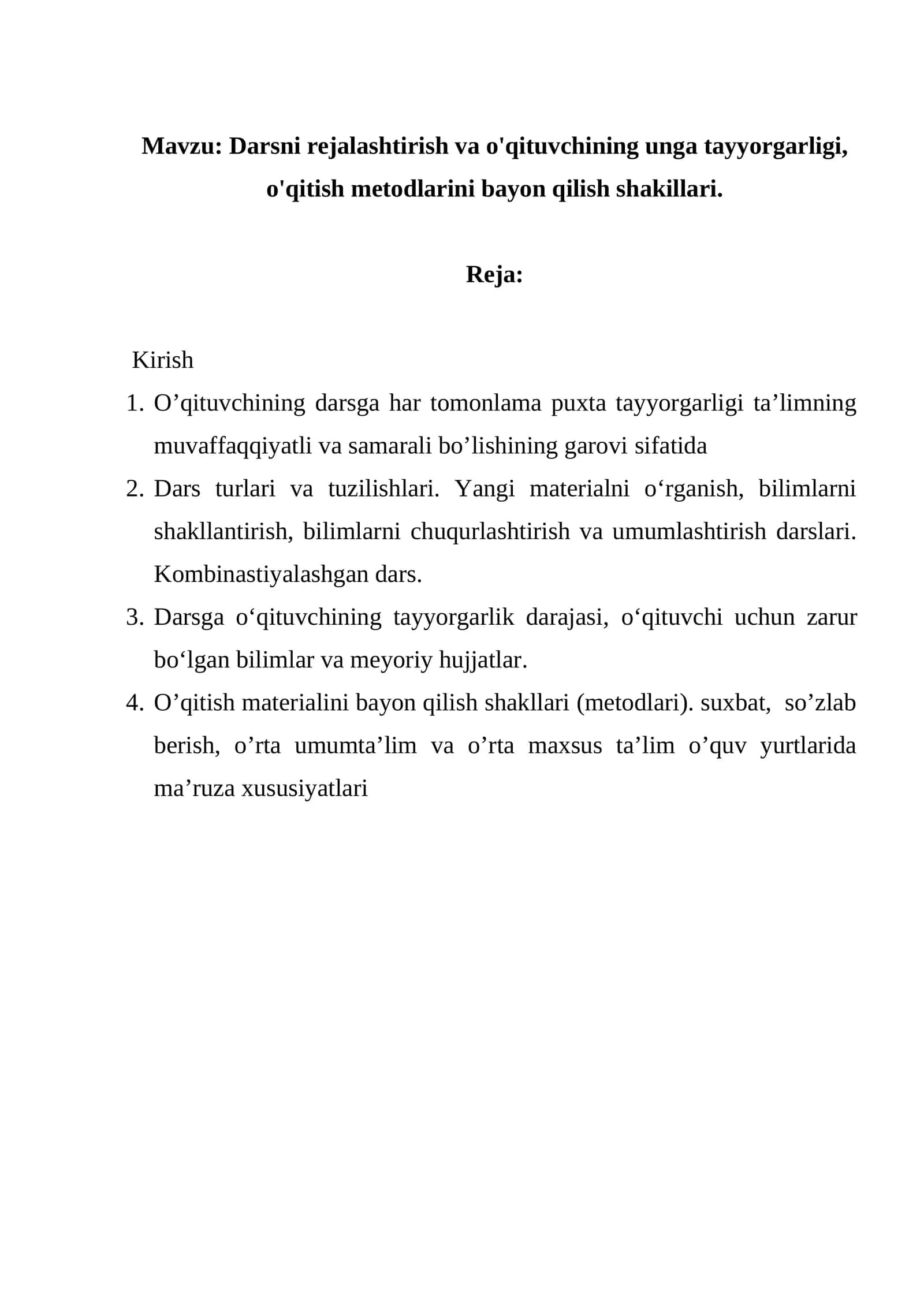 Darsni rejalashtirish va o'qituvchining unga tayyorgarligi 1
