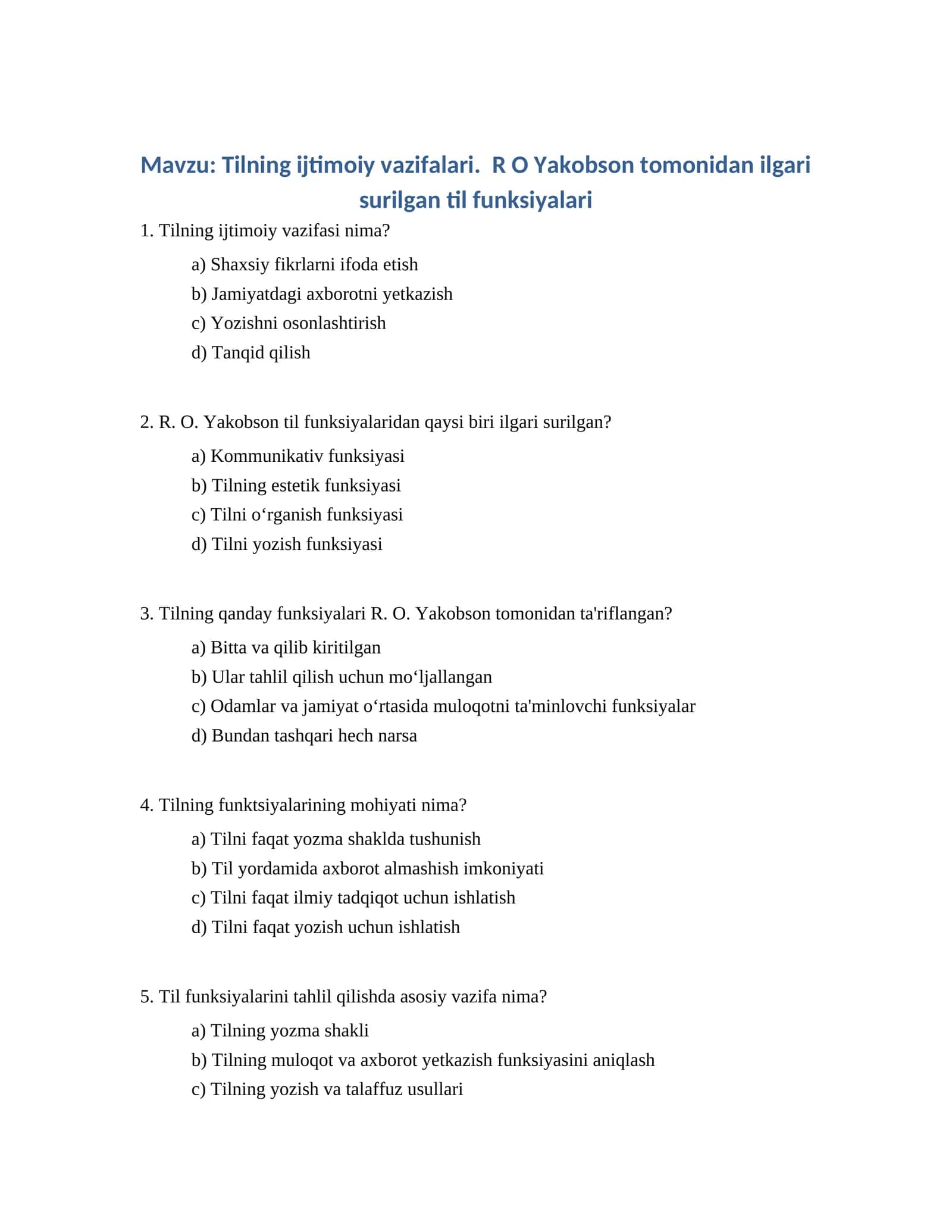 Tilning ijtimoiy vazifalari. R O Yakobson tomonidan ilgari surilgan til funksiyalari 1