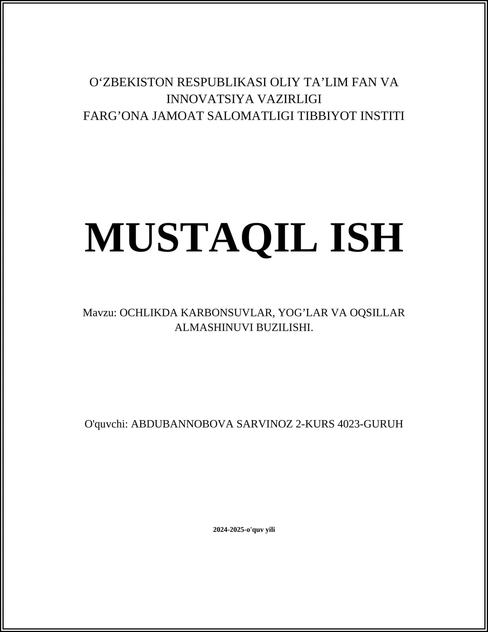 OCHLIKDA KARBONSUVLAR, YOG’LAR VA OQSILLAR ALMASHINUVI BUZILISHI 1