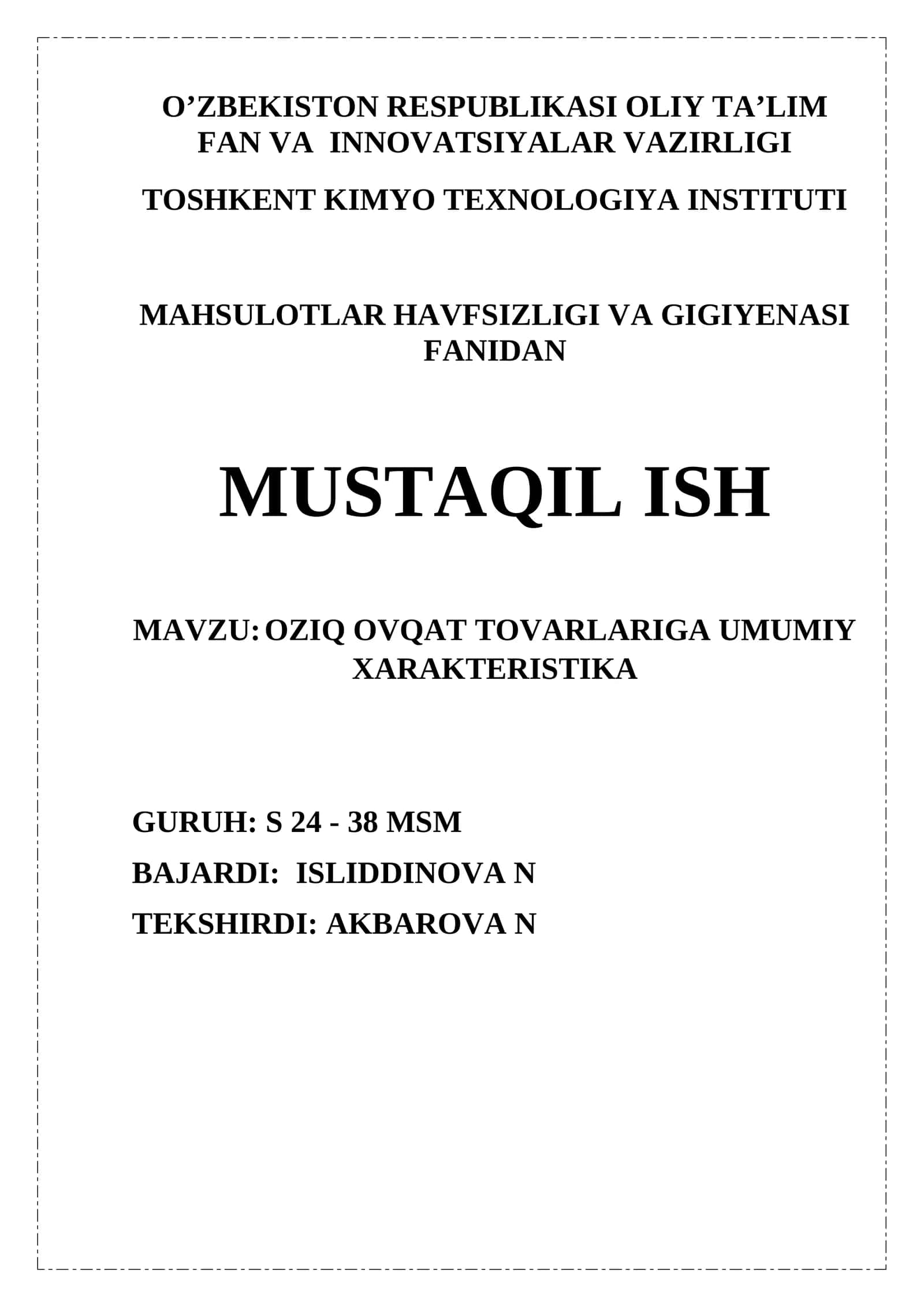 OZIQ OVQAT TOVARLARIGA UMUMIY XARAKTERISTIKA. 1