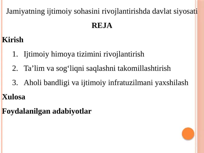 Jamiyatning ijtimoiy sohasini rivojlantirish davlat siyosati 1