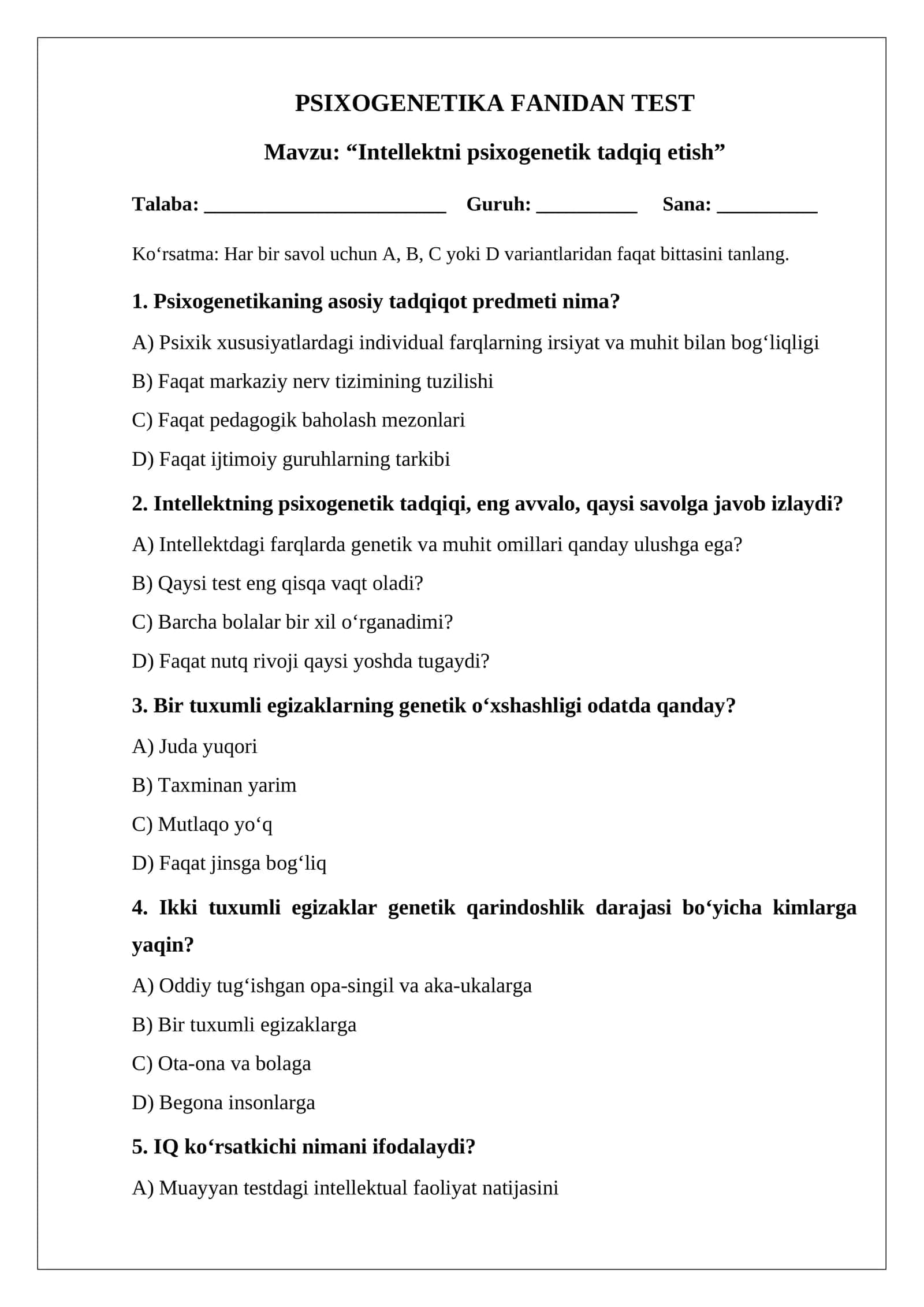 Intellektni psixogenetik tadqiq etish TEST 1
