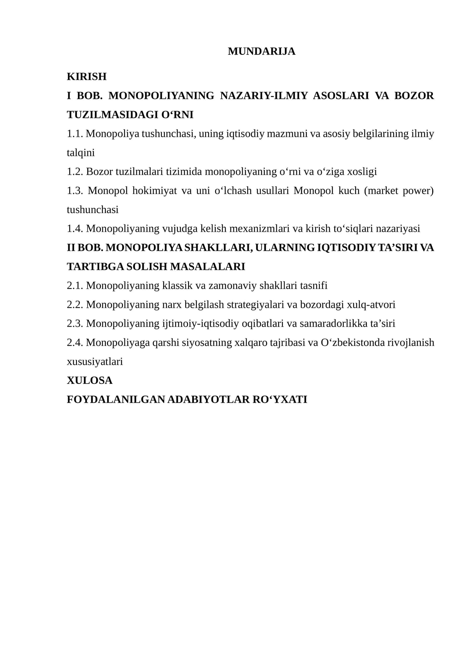 MONOPOLIYANING NAZARIY-ILMIY ASOSLARI VA BOZOR TUZILMASIDAGI O‘RNI 1