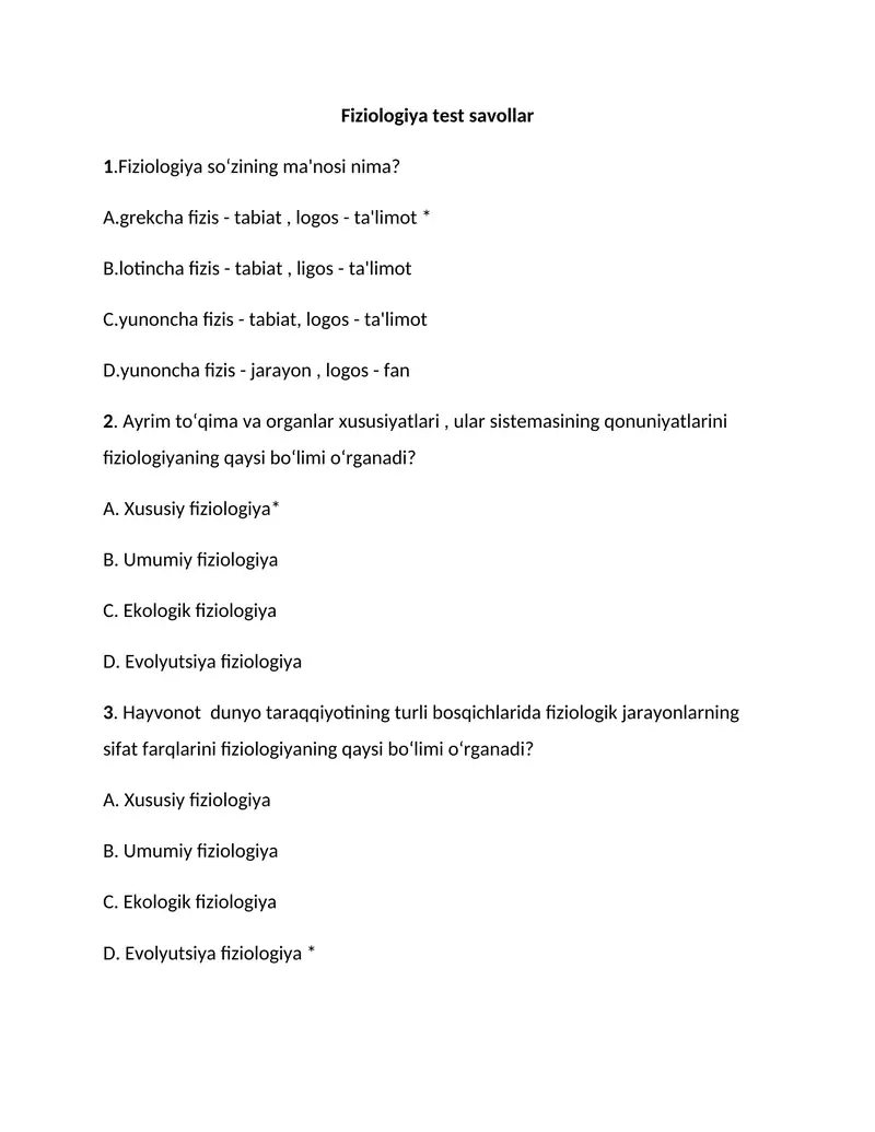 Fiziologiya test savollar 1