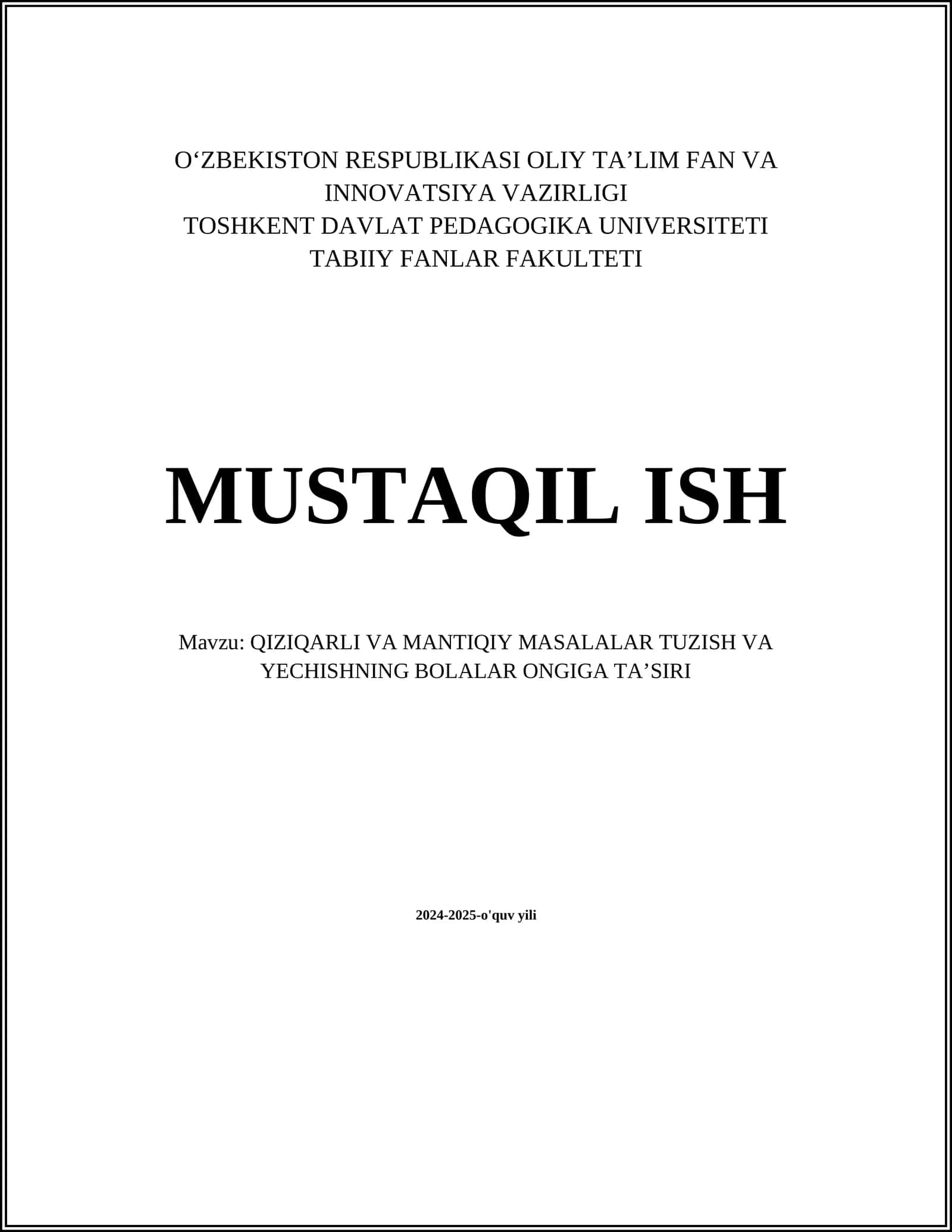 QIZIQARLI VA MANTIQIY MASALALAR TUZISH VA YECHISHNING BOLALAR ONGIGA TAʼSIRI 1