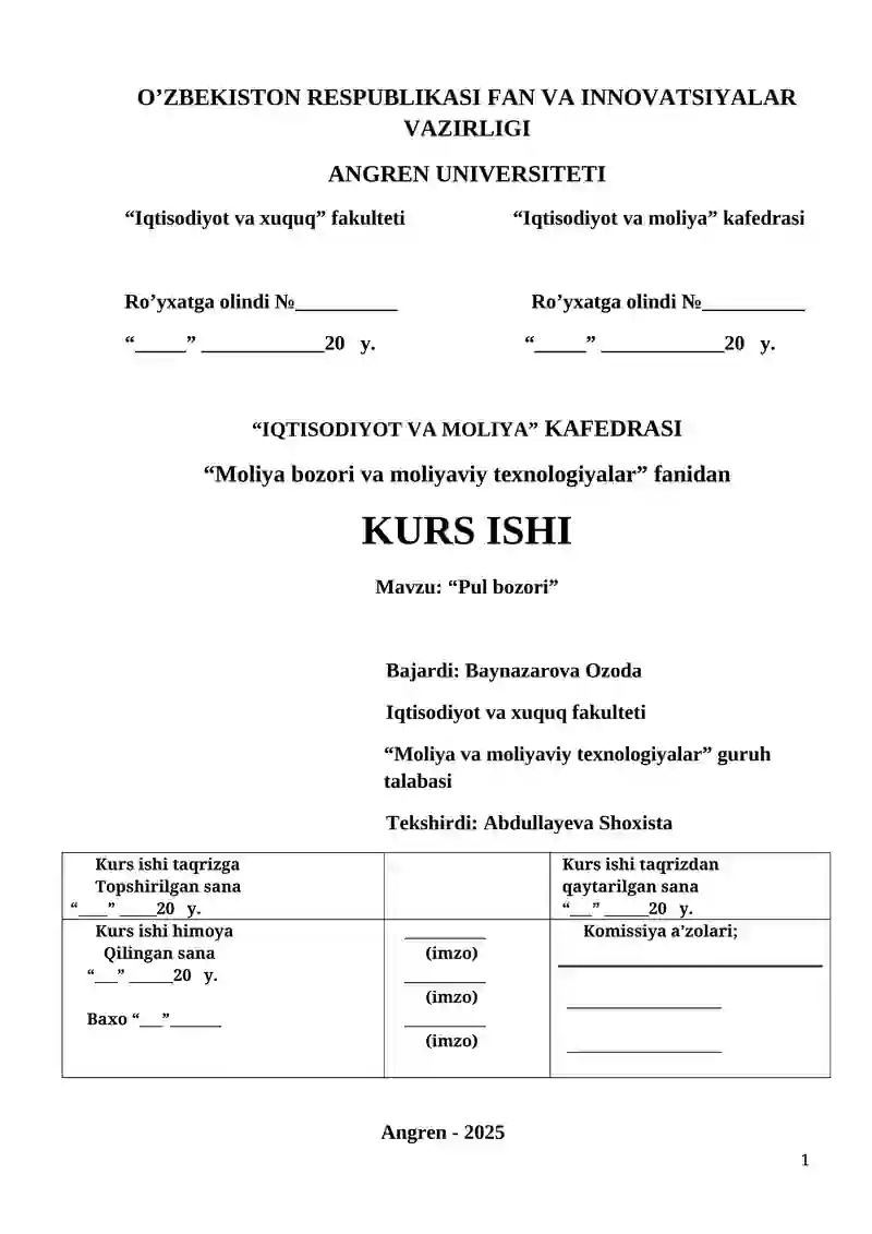 Pul bozori kurs ishi