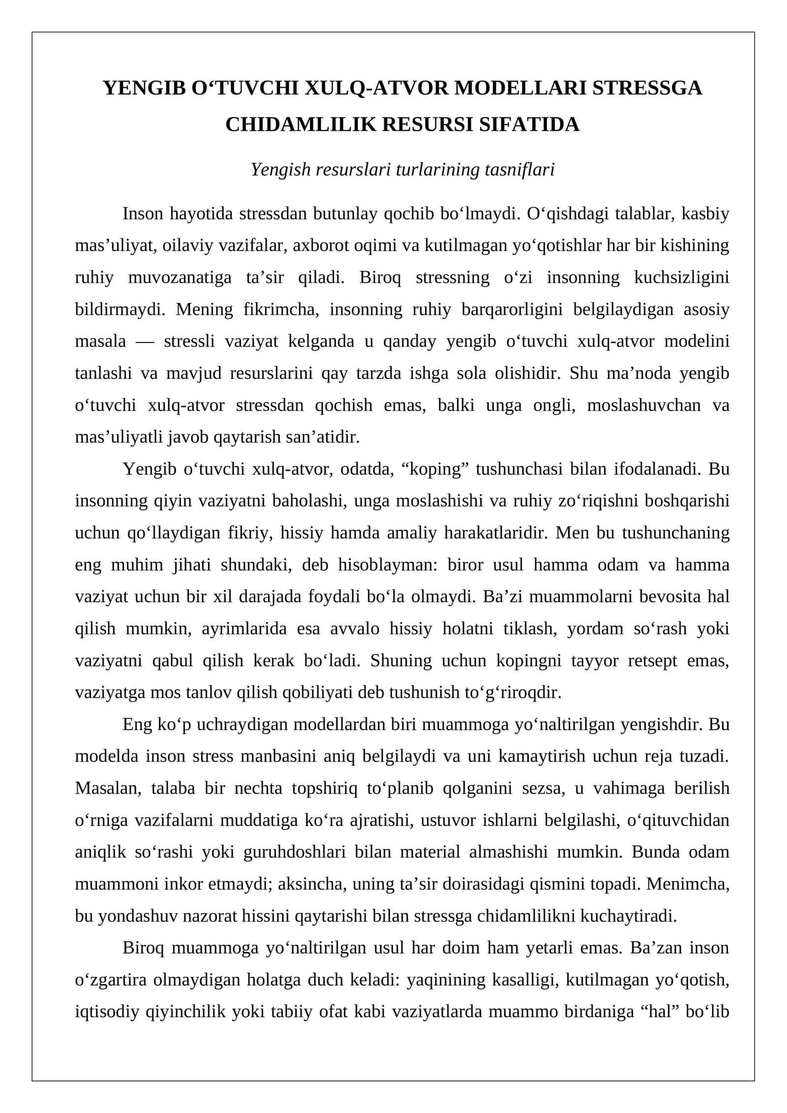 YENGIB O‘TUVCHI XULQ-ATVOR MODELLARI STRESSGA CHIDAMLILIK RESURSI SIFATIDA 1