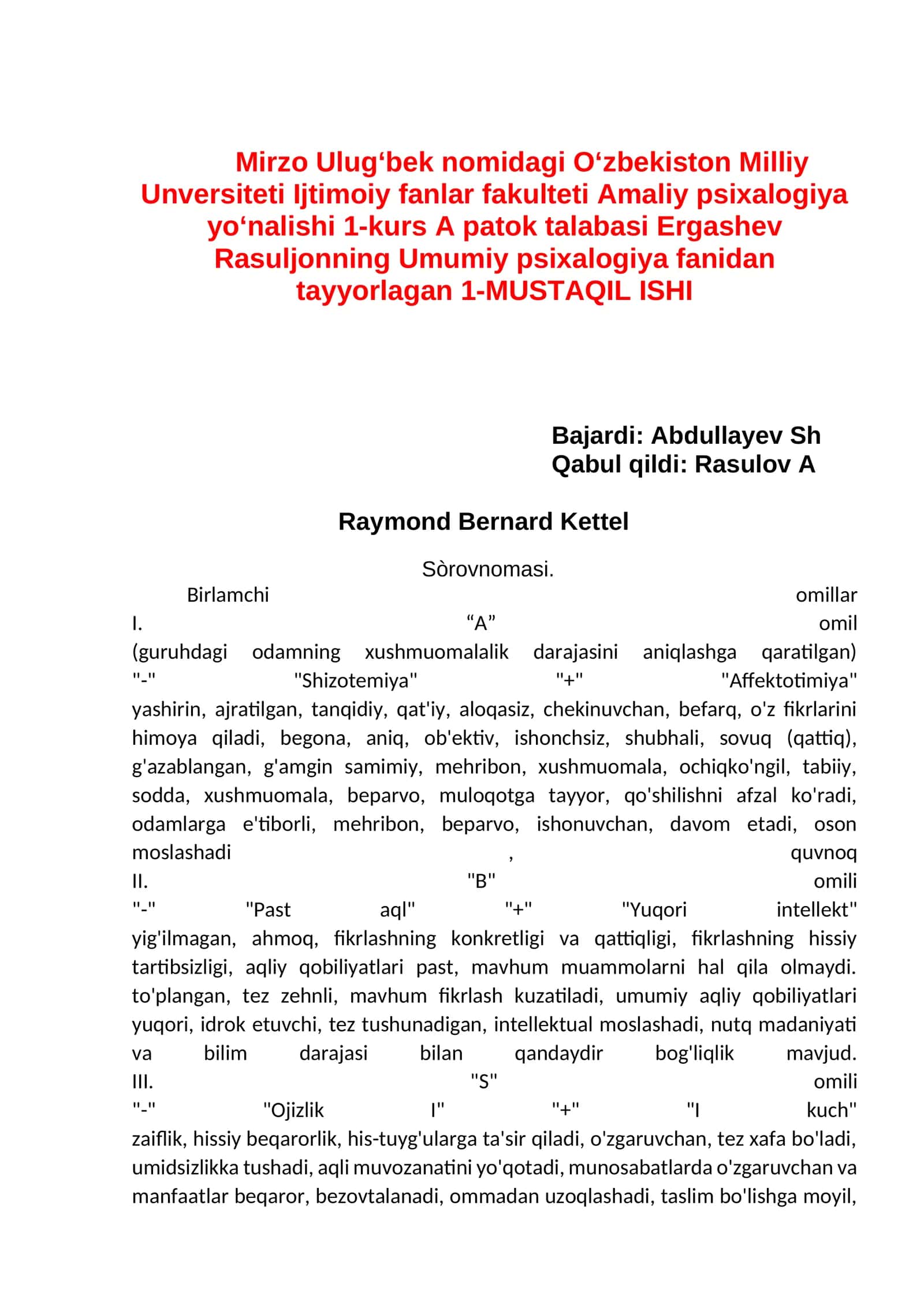 Umumiy psixalogiya fanidan tayyorlagan 1-MUSTAQIL ISHI 1