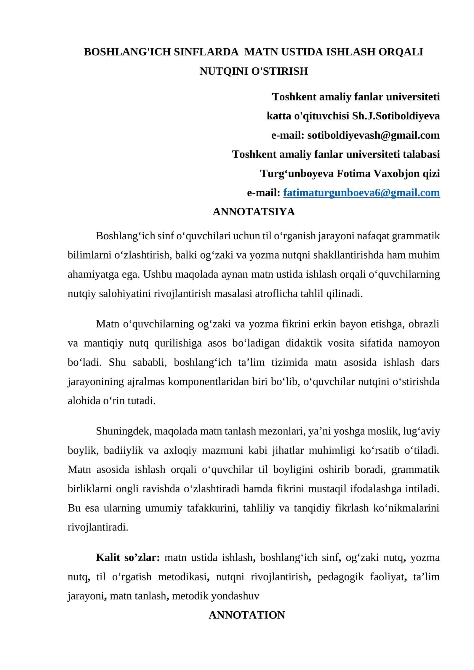 BOSHLANG'ICH SINFLARDA MATN USTIDA ISHLASH ORQALI NUTQINI O'STIRISH 1