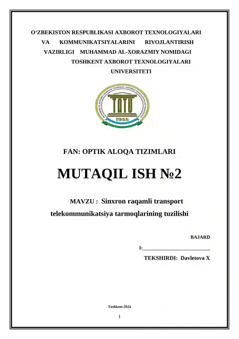 Sinxron raqamli transport telekommunikatsiya tarmoqlarining tuzilishi