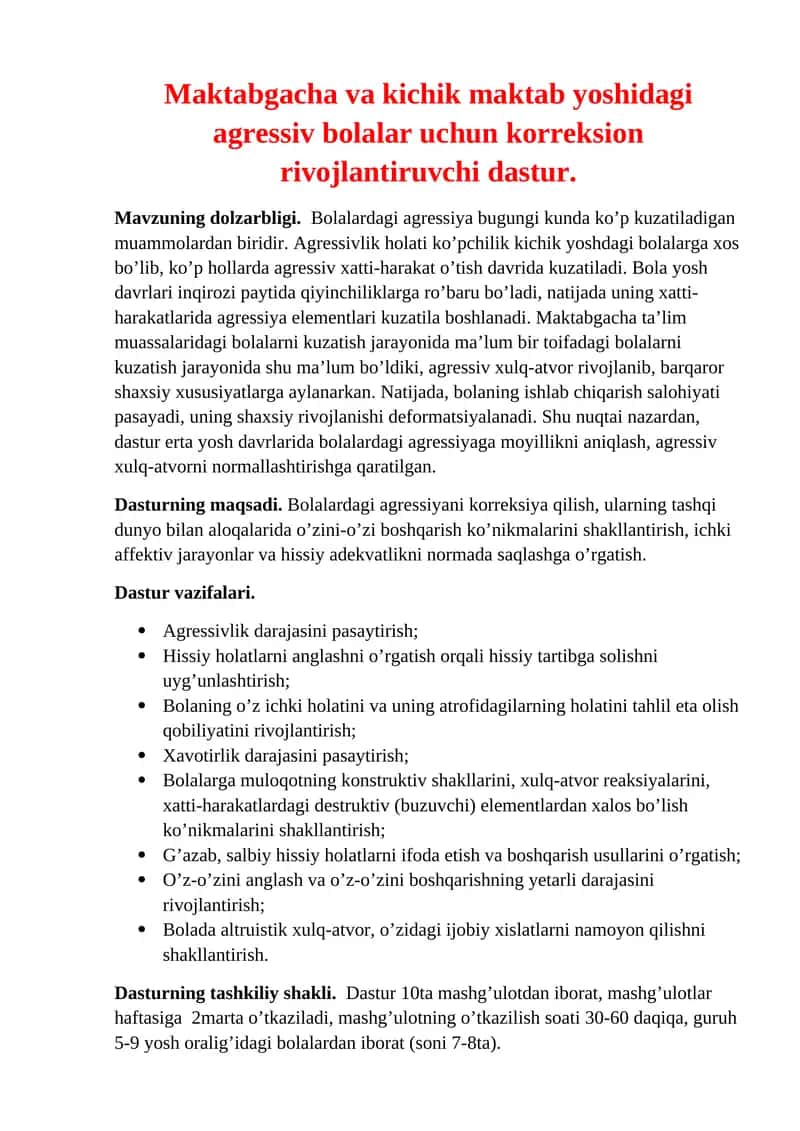 Maktabgacha va kichik maktab yoshidagi agressiv bolalar uchun korreksion rivojlantiruvchi dastur 1
