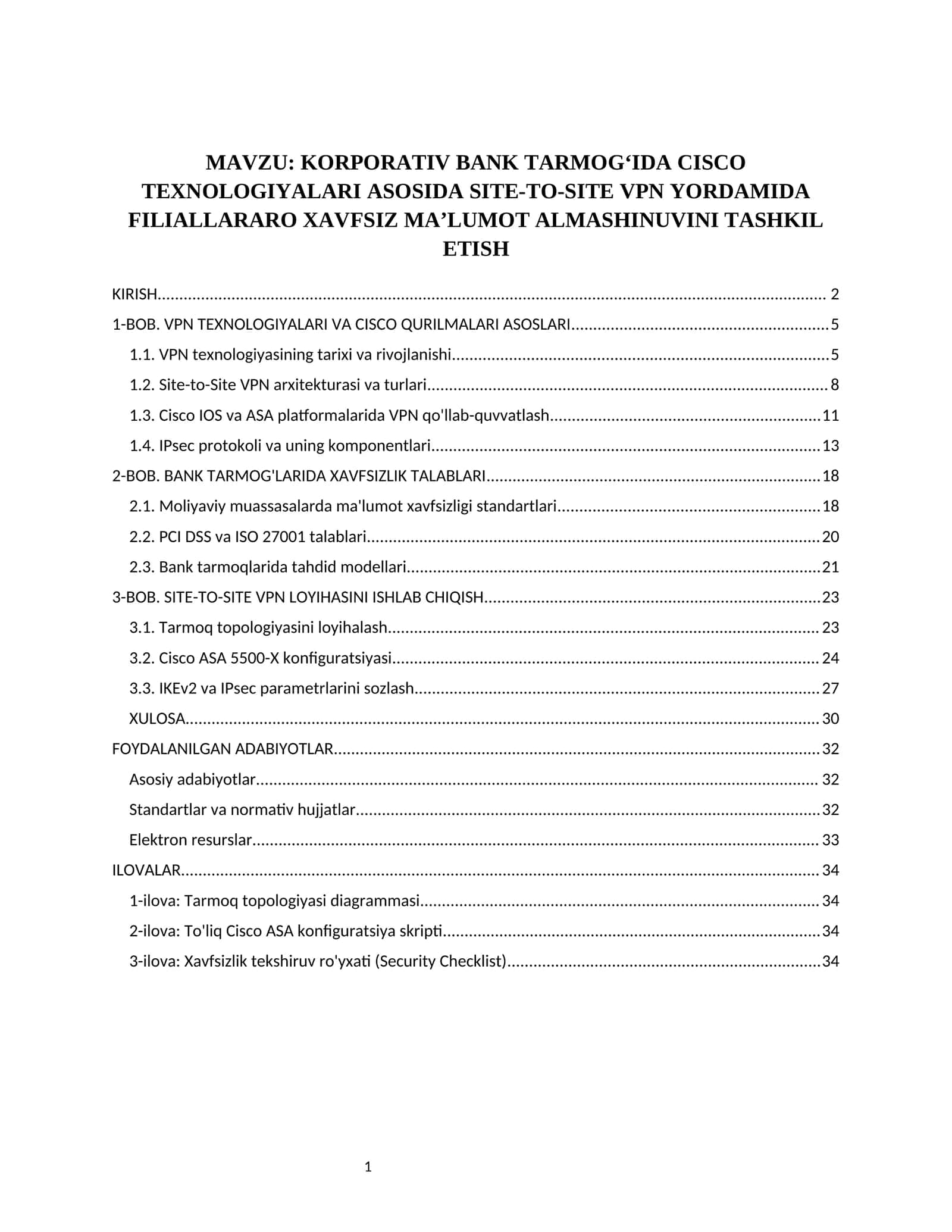 Korporativ bank tarmog‘ida Cisco texnologiyalari asosida Site-to-Site VPN yordamida filiallararo xavfsiz ma’lumot almashinuvini tashkil etish 1