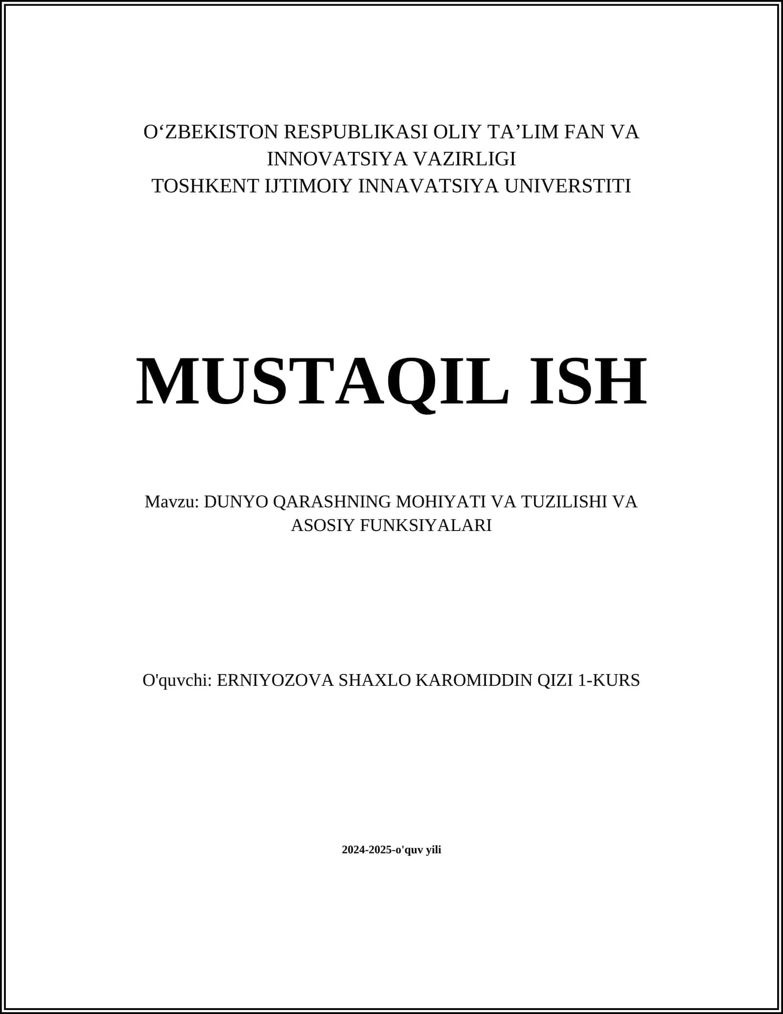 Dunyo Qarashning Mohiyati va Tuzilishi va Asosiy Funksiyalari 1