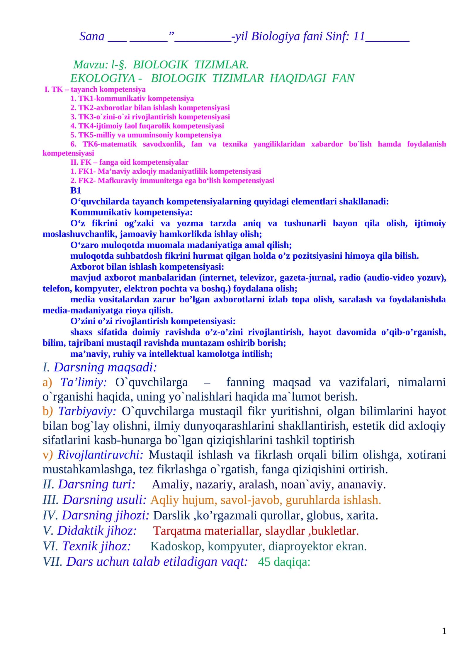 Biologiya fanining ekologiya va biologik tizimlar mavzusi 1