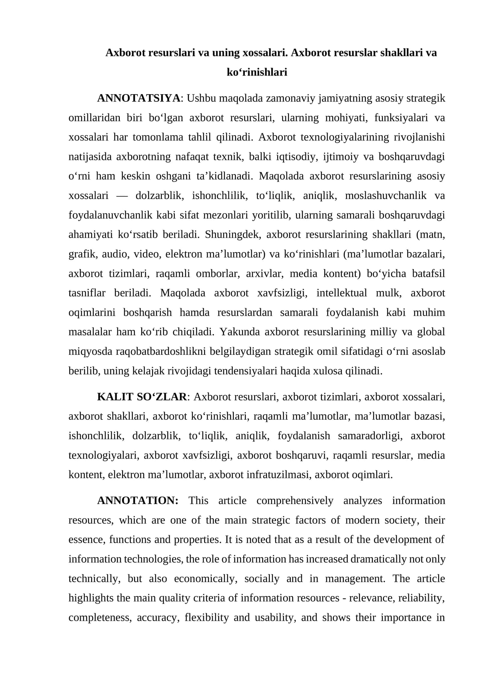 Axborot resurslari va uning xossalari 1
