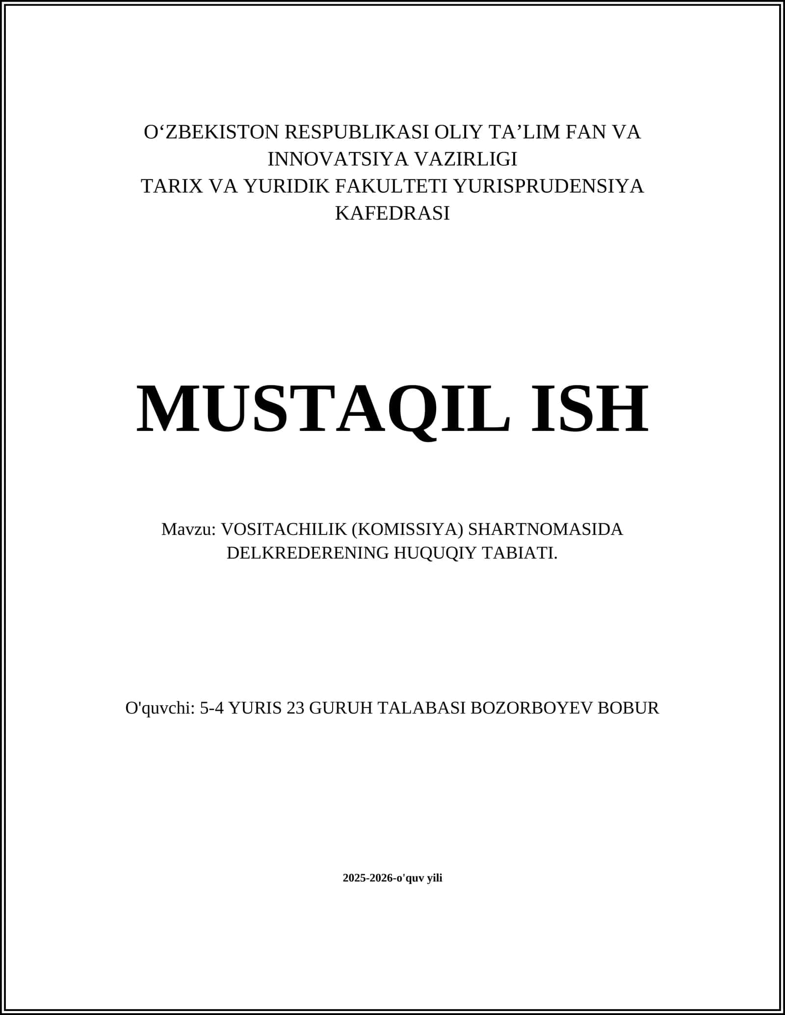 VOSITACHILIK (KOMISSIYA) SHARTNOMASIDA DELKREDERENING HUQUQIY TABIATI 1