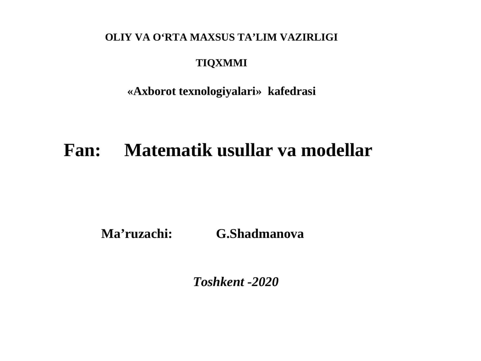 Matematik usullar va modellar 1