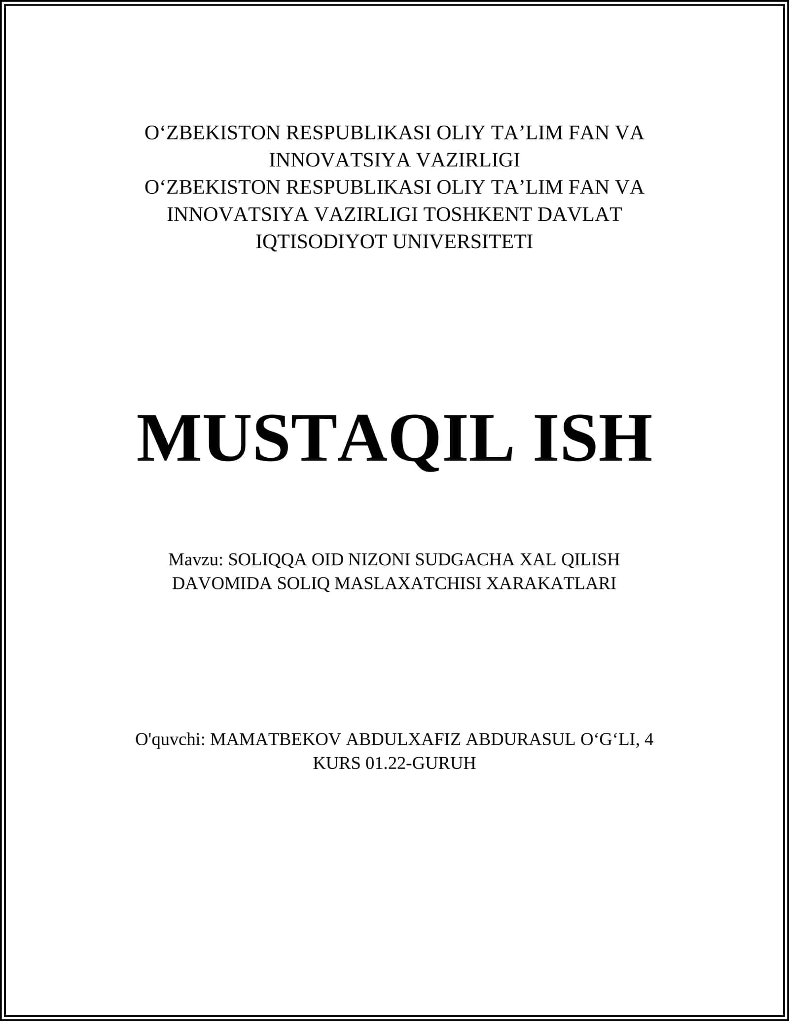 SOLIQQA OID NIZONI SUDGACHA XAL QILISH DAVOMIDA SOLIQ MASLAXATCHISI XARAKATLARI 1
