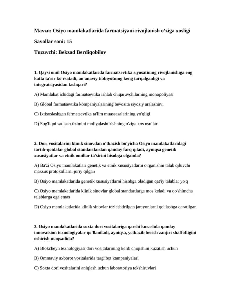 Osiyo mamlakatlarida farmatsiyani rivojlanish oʻziga xosligi 1