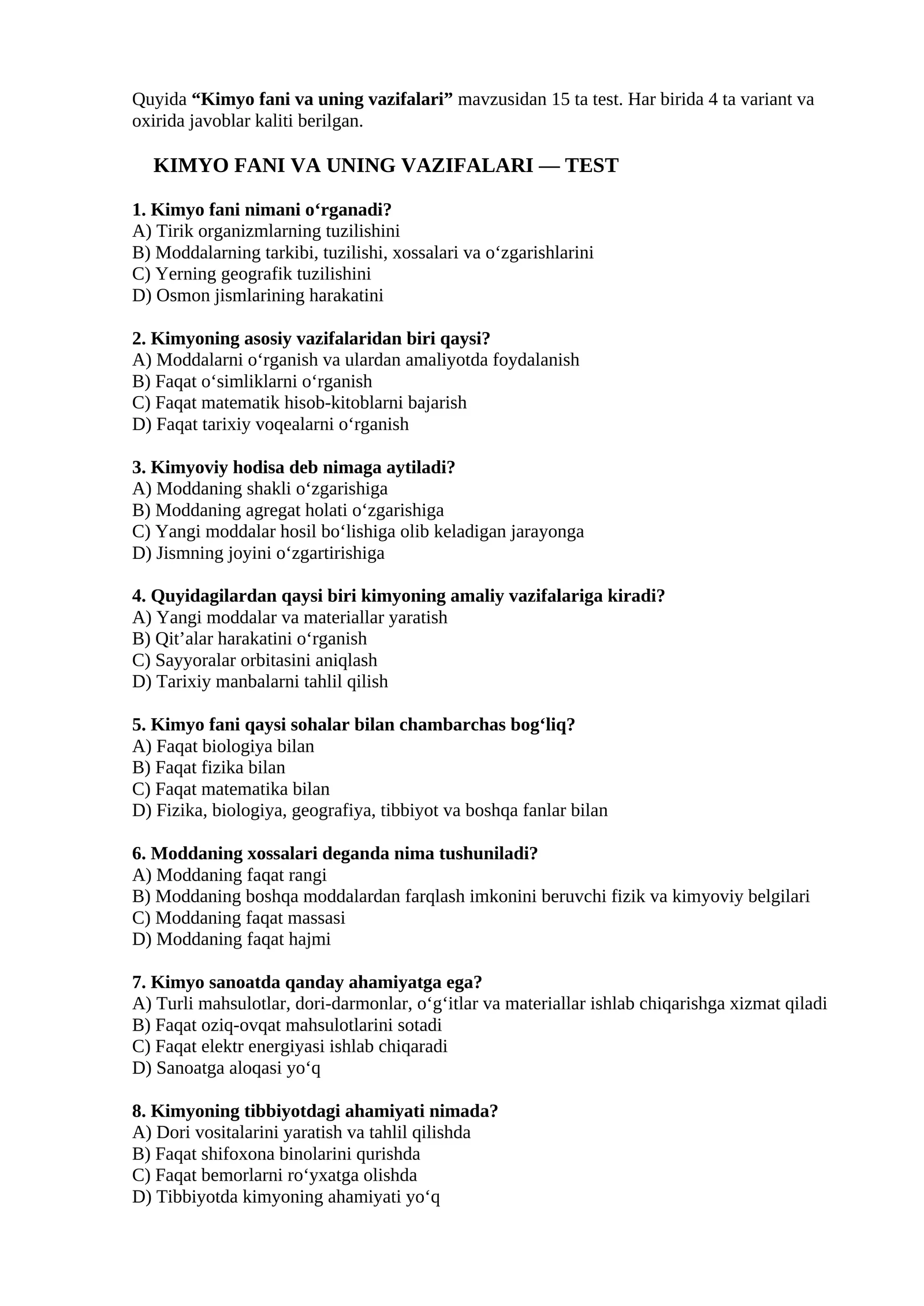 Kimyo fani va uning vazifalari — Test 1