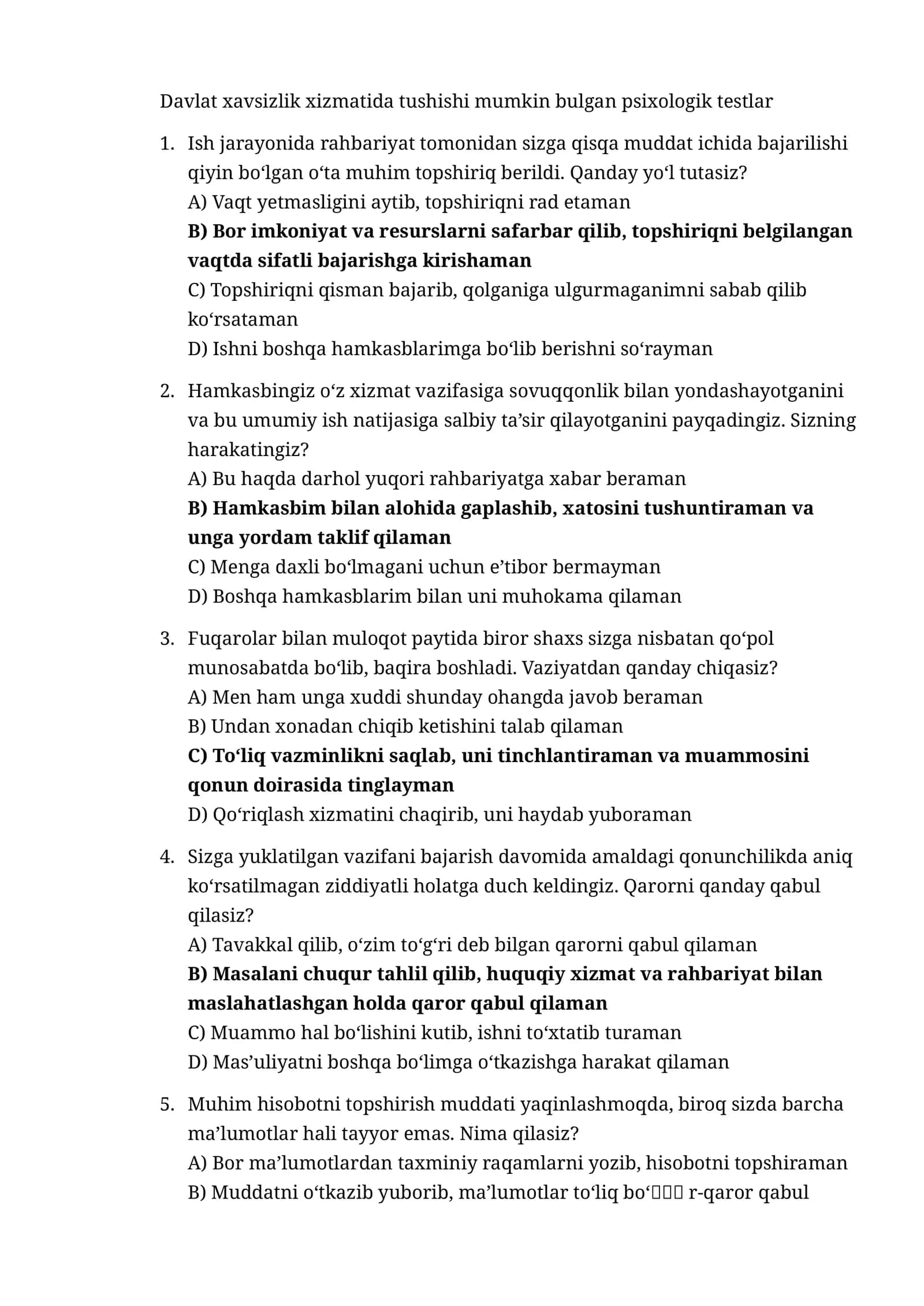 Davlat Xavfsizlik xizmati akademiyasi uchun psixologik testlar 300 talik 1