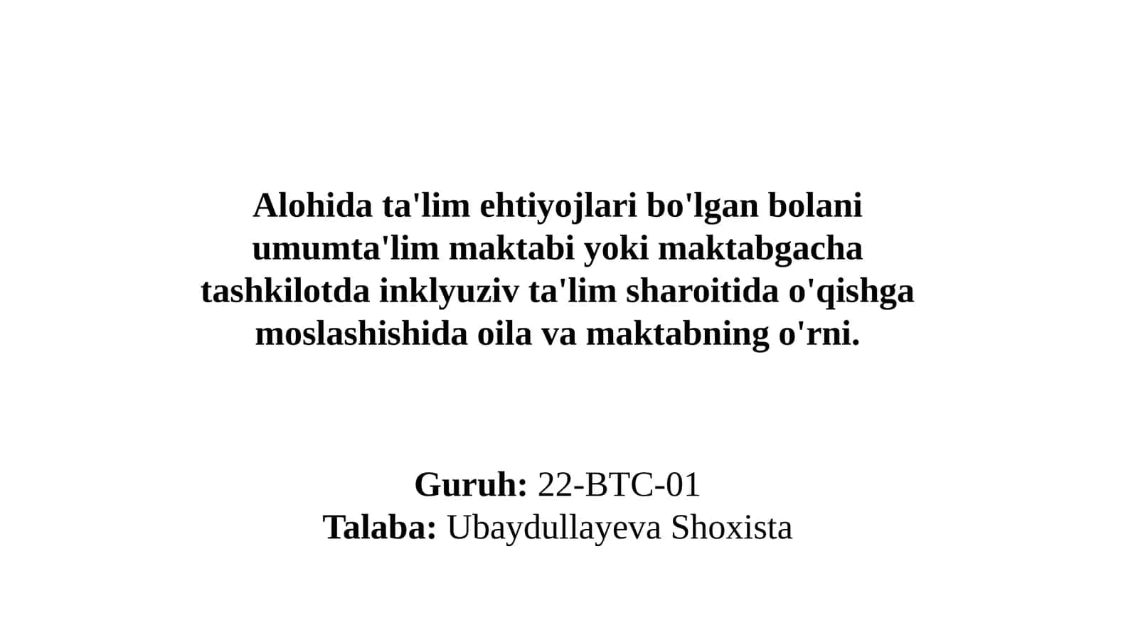 Alohida ta'lim ehtiyojlari bo'lgan bolani umumta'lim maktabi yoki maktabgacha tashkilotda inklyuziv ta'lim sharoitida o'qishga moslashishida oila va maktabning o'rni 1