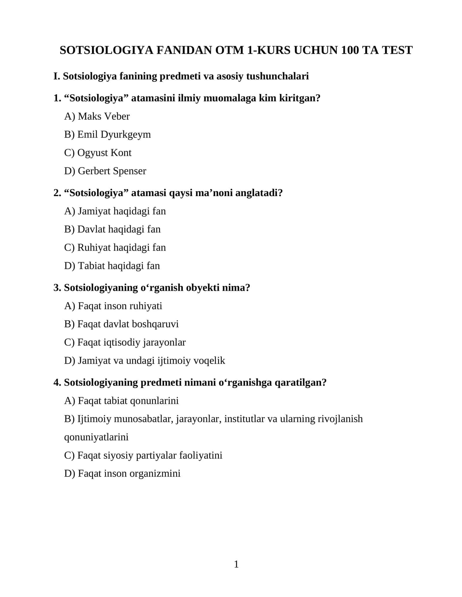 SOTSIOLOGIYA FANIDAN OTM 1-KURS UCHUN 100 TA TEST 1