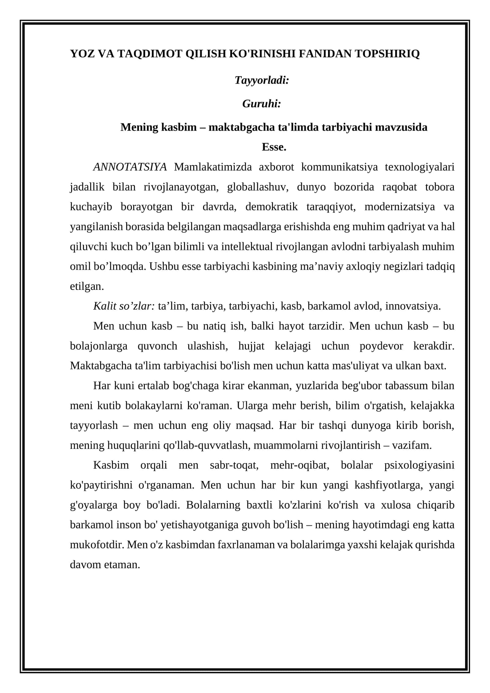 YOZ VA TAQDIMOT QILISH KO'RINISHI FANIDAN TOPSHIRIQ 1