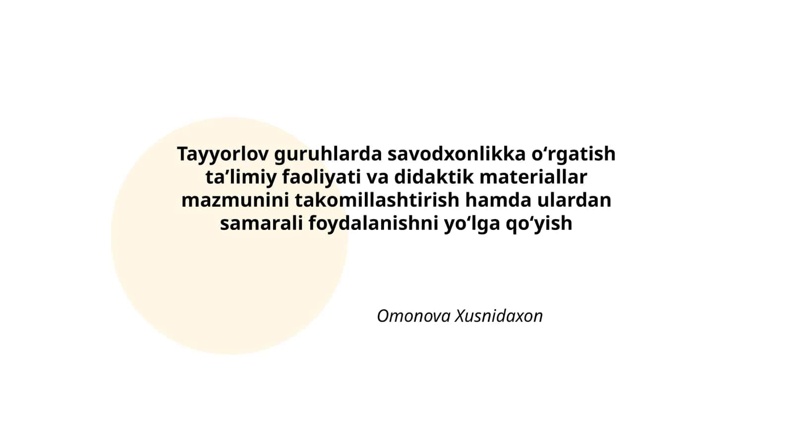 Tayyorlov guruhlarda savodxonlikka oʻrgatish taʼlimiy faoliyati va didaktik materiallar mazmunini takomillashtirish hamda ulardan samarali foydalanishni yoʻlga qoʻyish 1