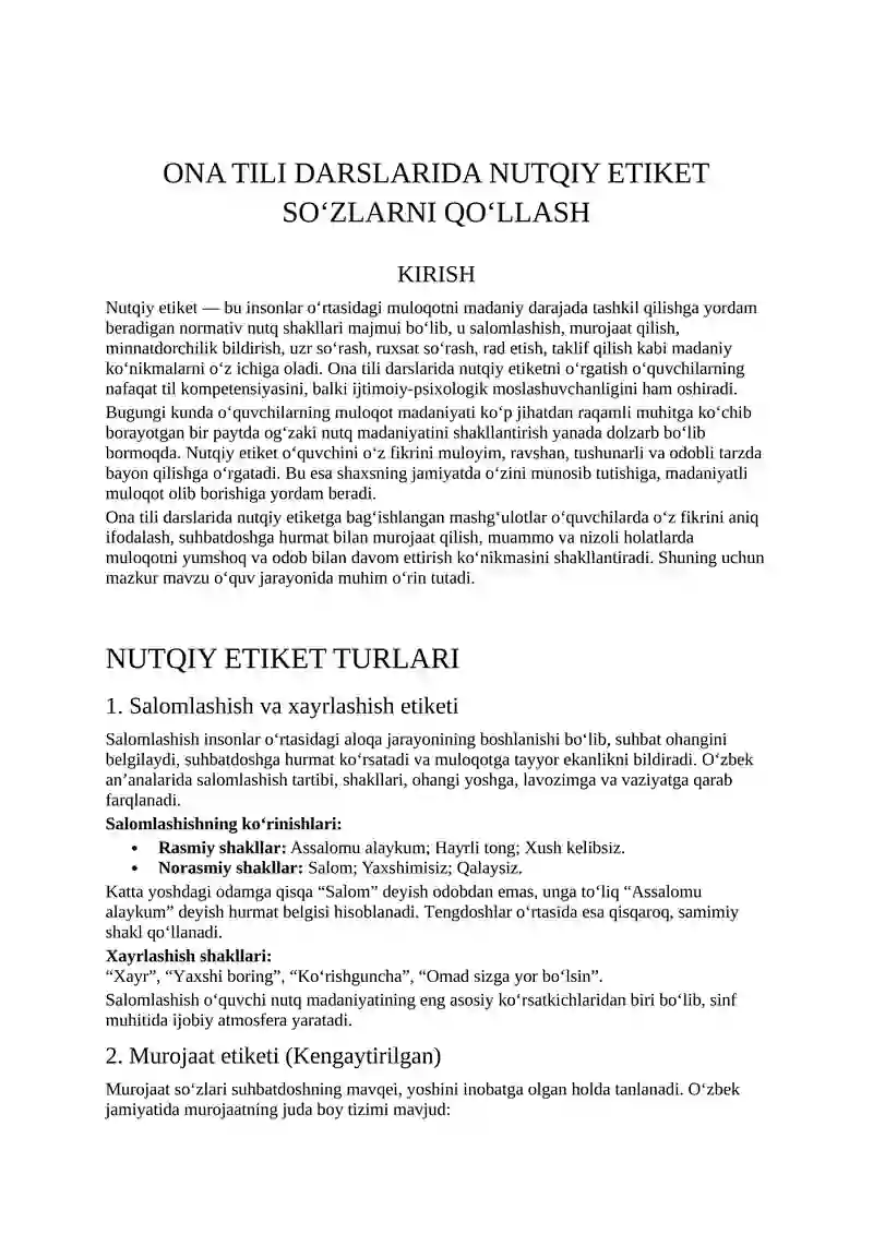 ONA TILI DARSLARIDA NUTQIY ETIKET SO‘ZLARNI QO‘LLASH