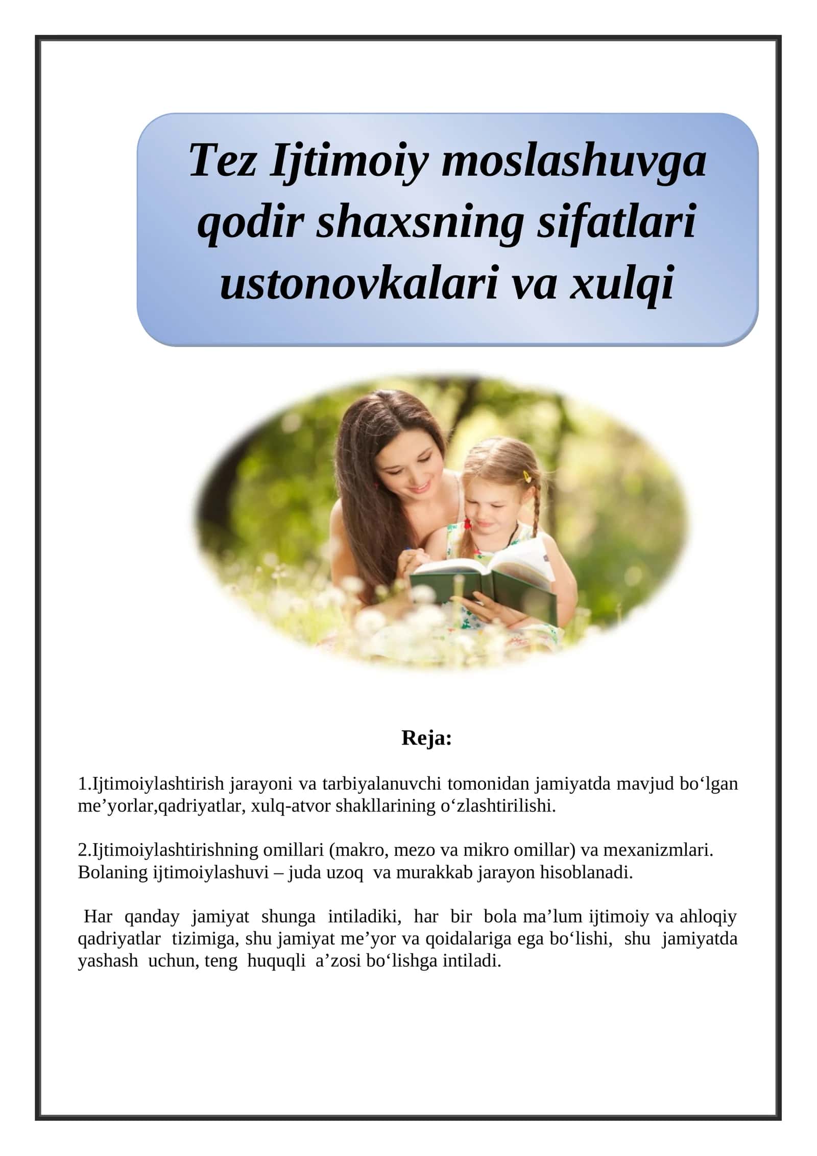 Tez Ijtimoiy moslashuvga qodir shaxsning sifatlari ustonovkalari va xulqi 1