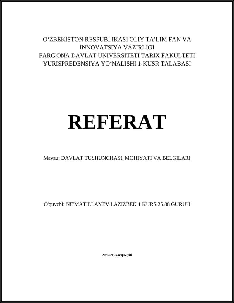 DAVLAT TUSHUNCHASI, MOHIYATI VA BELGILARI 1