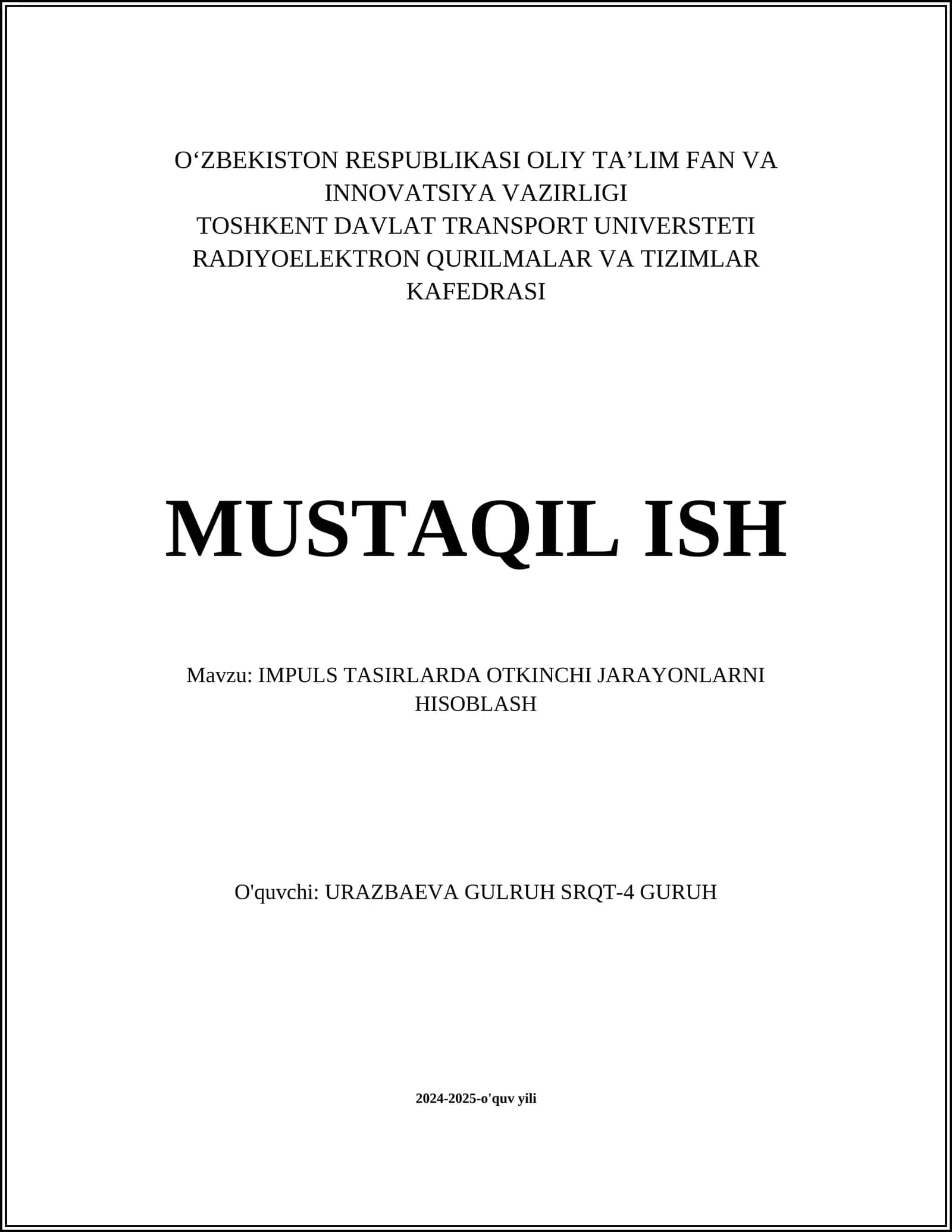 IMPULS TASIRLARDA OTKINCHI JARAYONLARNI HISOBLASH 1
