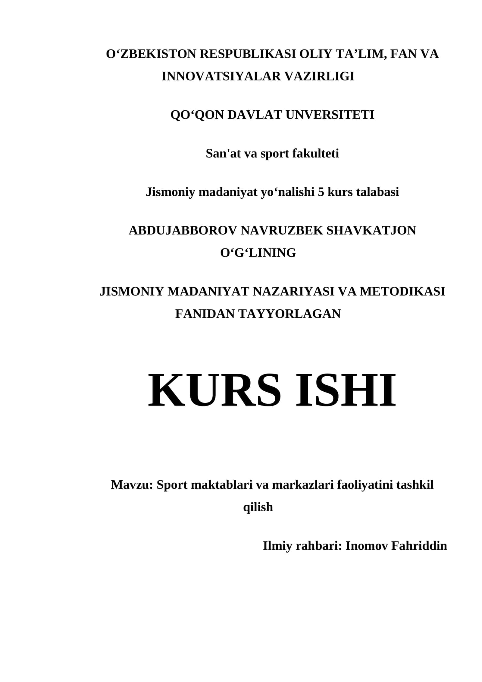 JISMONIY MADANIYAT NAZARIYASI VA METODIKASI FANIDAN TAYYORLAGAN KURS ISHI 1