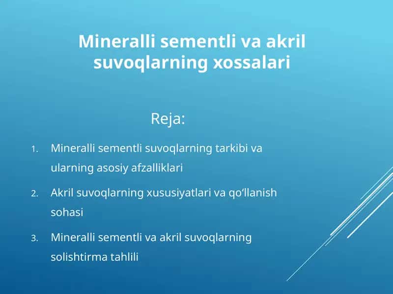 Mineralli sementli va akril suvoqlarning xossalari 1
