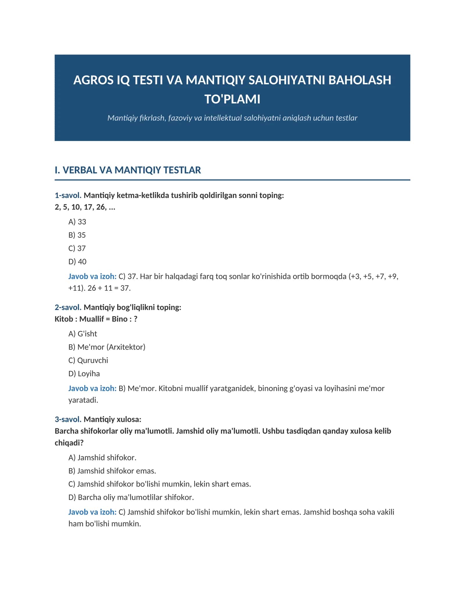 Agros IQ testi — Mantiqiy va intellektual salohiyatni baholash to'plami 1