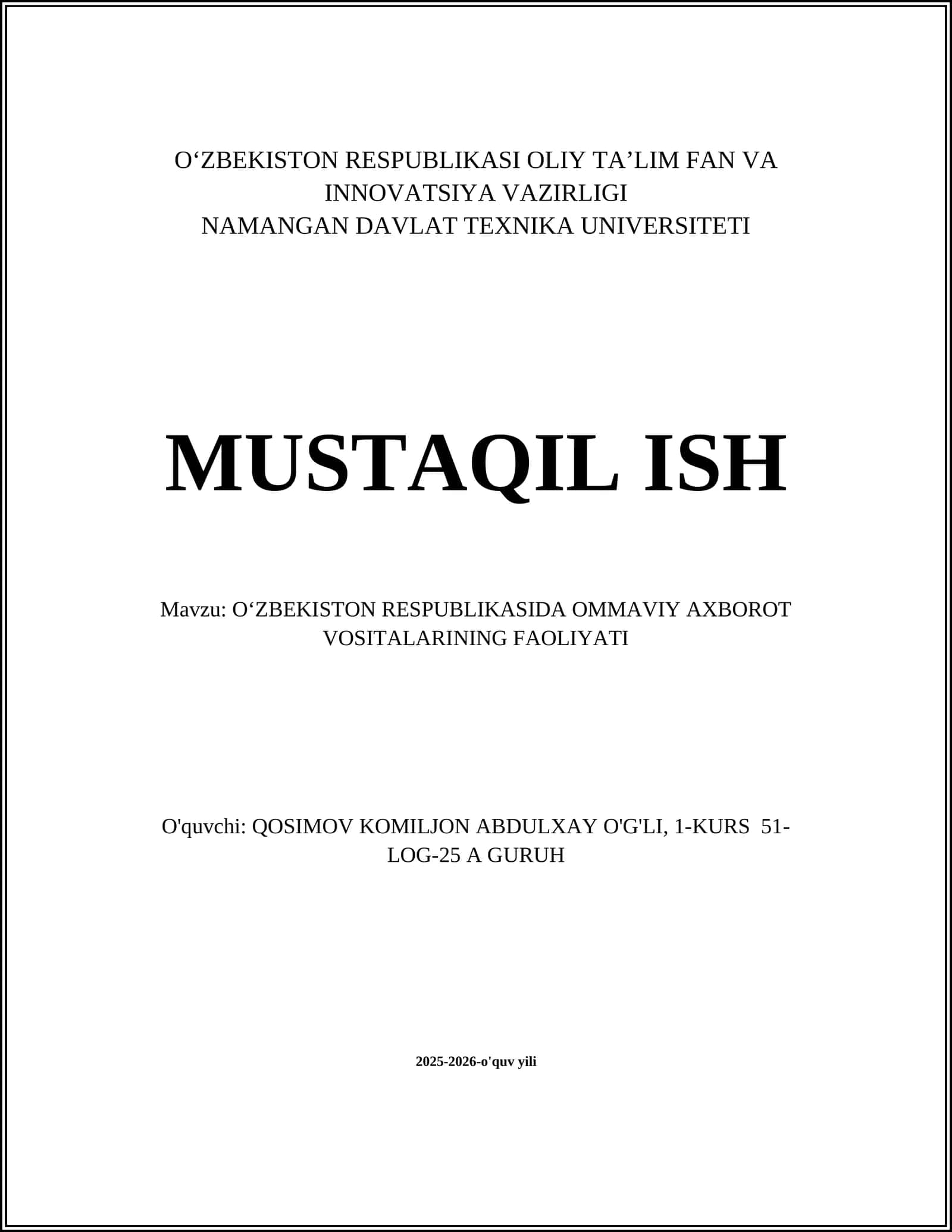 Ommaviy axborot vositalari huquqiy asoslari va qonunchilik 1