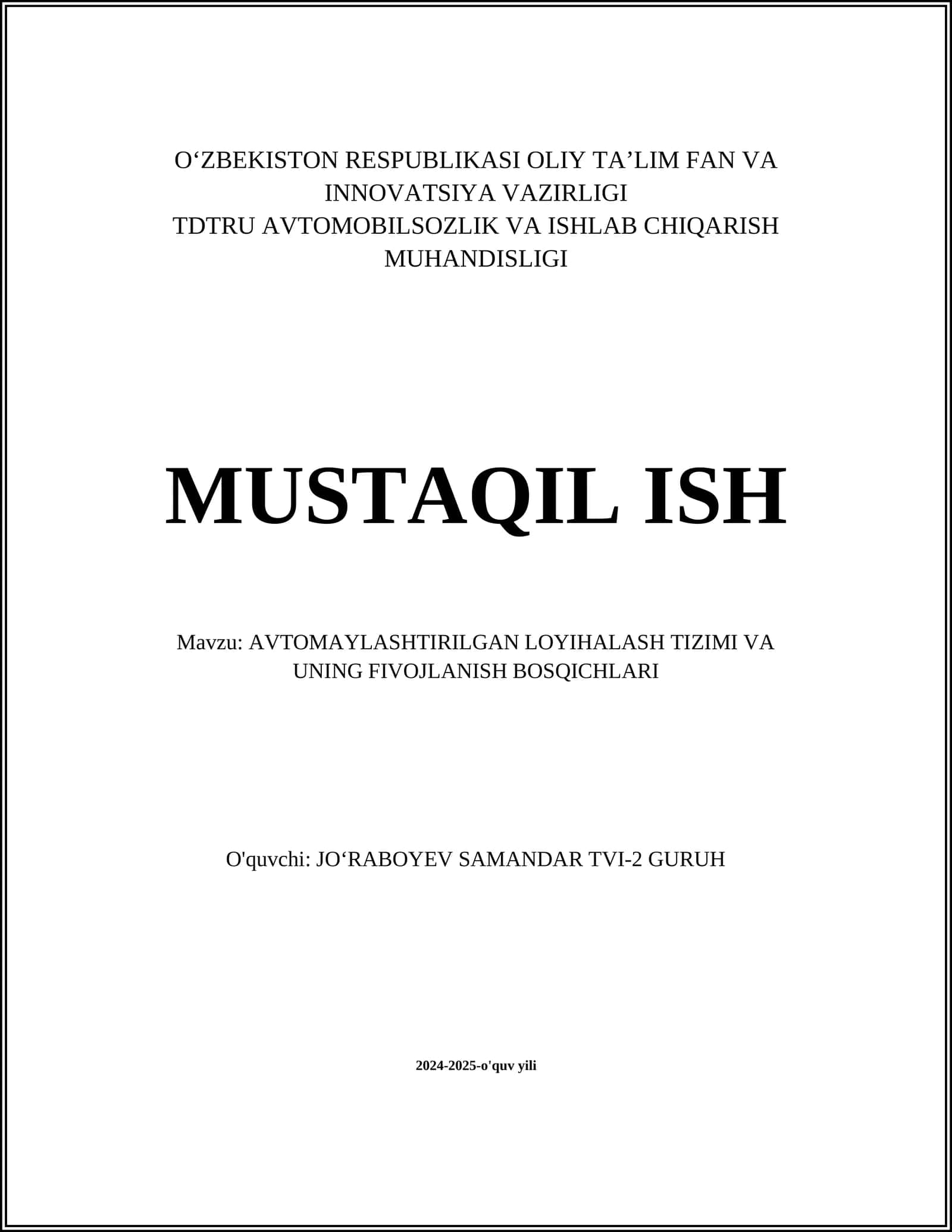 AVTOMAYLASHTIRILGAN LOYIHALASH TIZIMI VA UNING FIVOJLANISH BOSQICHLARI 1