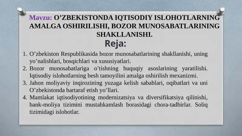 O’ZBEKISTONDA IQTISODIY ISLOHOTLARNING AMALGA OSHIRILISHI, BOZOR MUNOSABATLARINING SHAKLLANISHI 1