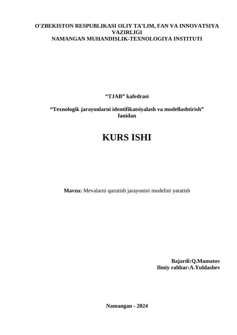 Texnologik jarayonlarni identifikatsiyalash va modellashtirish 1