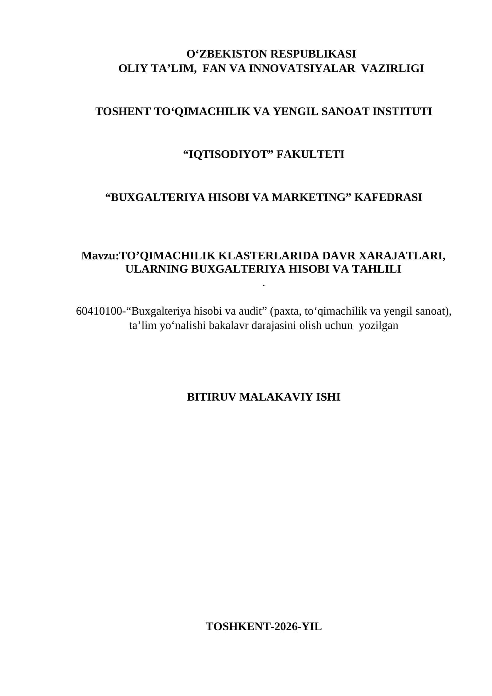 TO’QIMACHILIK KLASTERLARIDA DAVR XARAJATLARI, ULARNING BUXGALTERIYA HISOBI VA TAHLILI 1