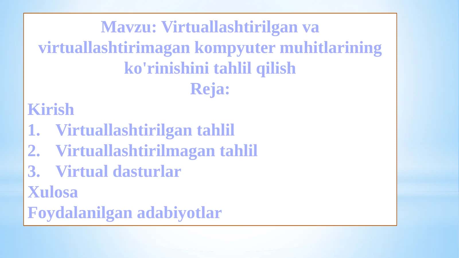 Virtuallashtirilgan va virtuallashtirilmagan kompyuter muhitlarining ko'rinishini tahlil qilish 1