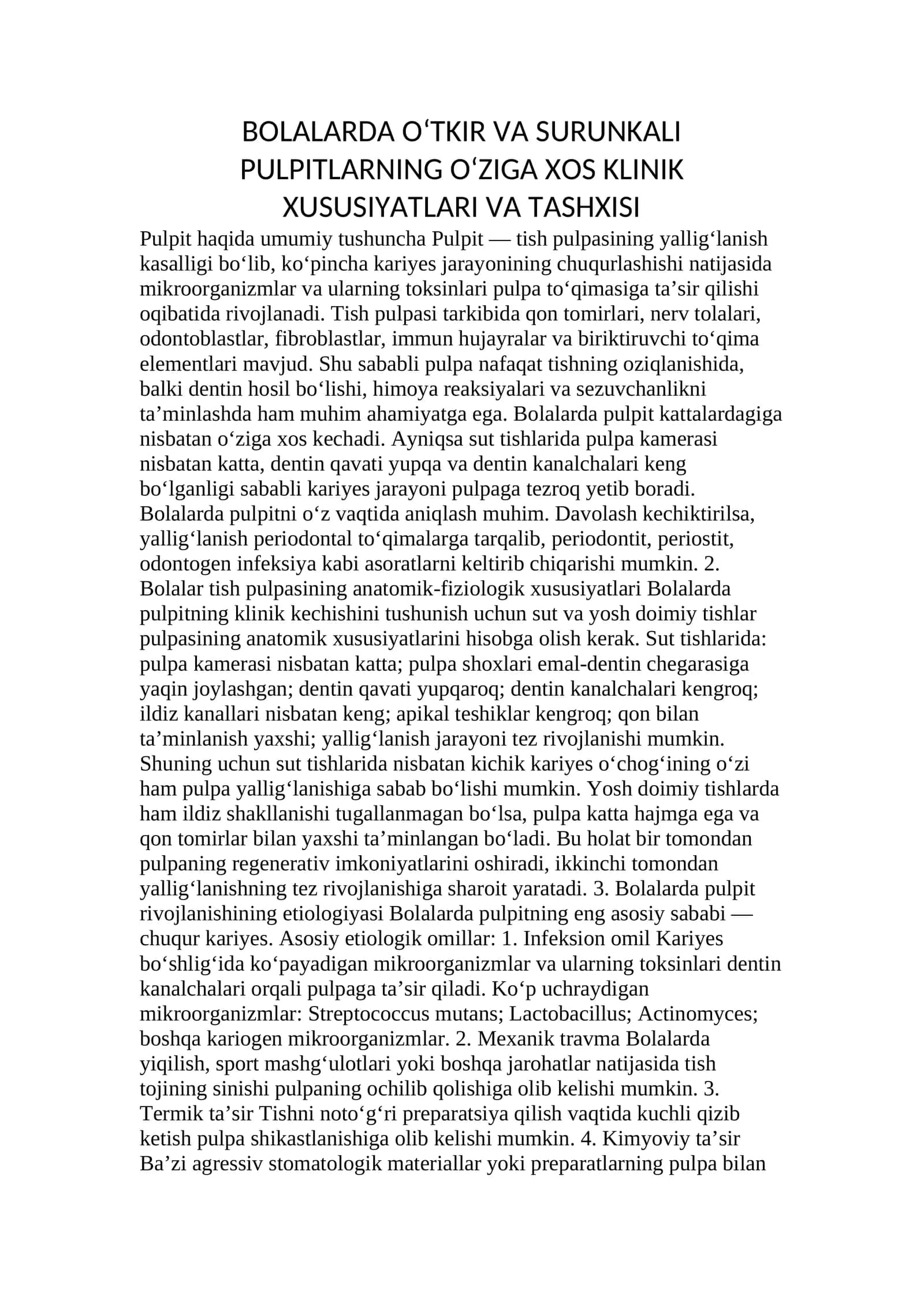 Bolalarda O‘tkir va Surunkali Pulpitlarning O‘ziga Xos Klinik Xususiyatlari va Tashxisi 1
