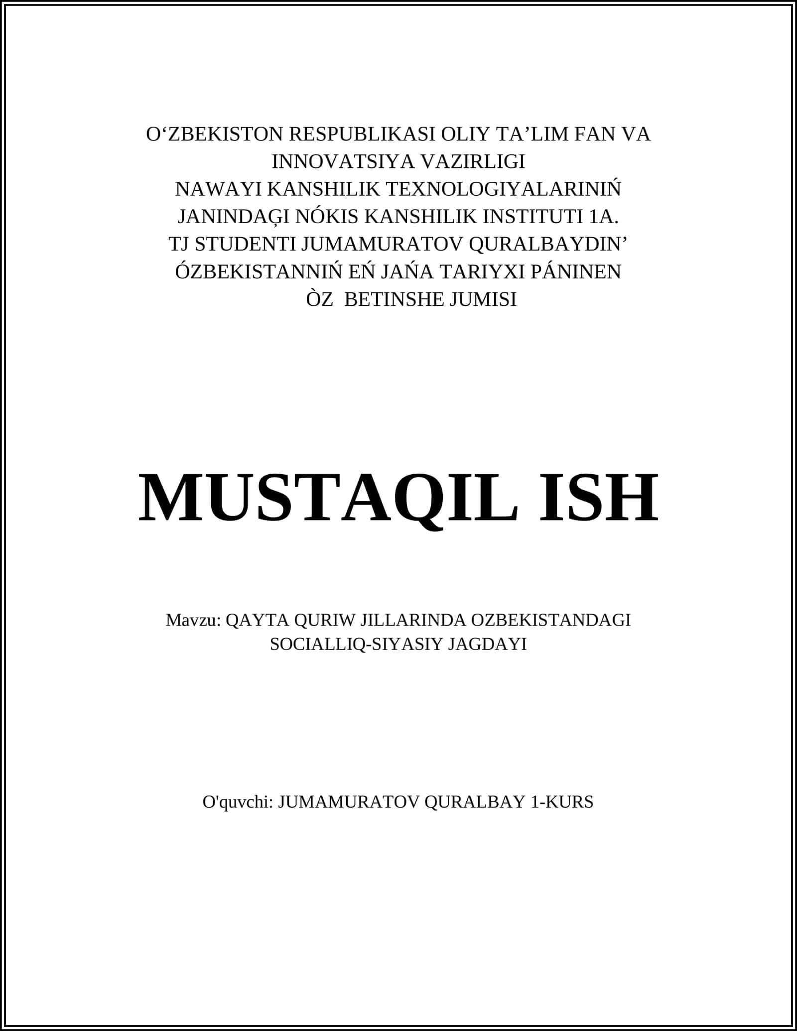 QAYTA QURIW JILLARINDA OZBEKISTANDAGI SOCIALLIQ-SIYASIY JAGDAYI 1