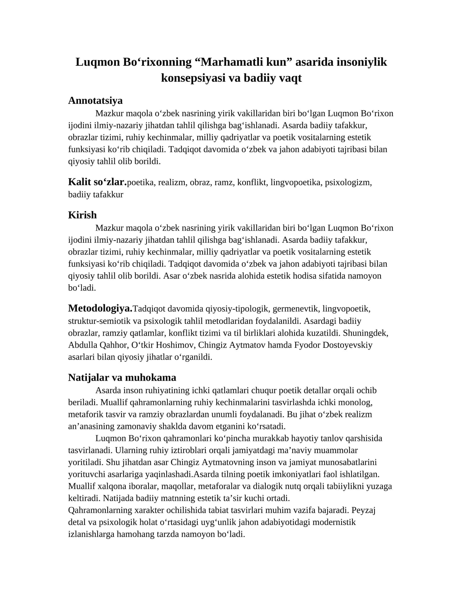 Luqmon Bo‘rixonning “Marhamatli kun” asarida insoniylik konsepsiyasi va badiiy vaqt 1