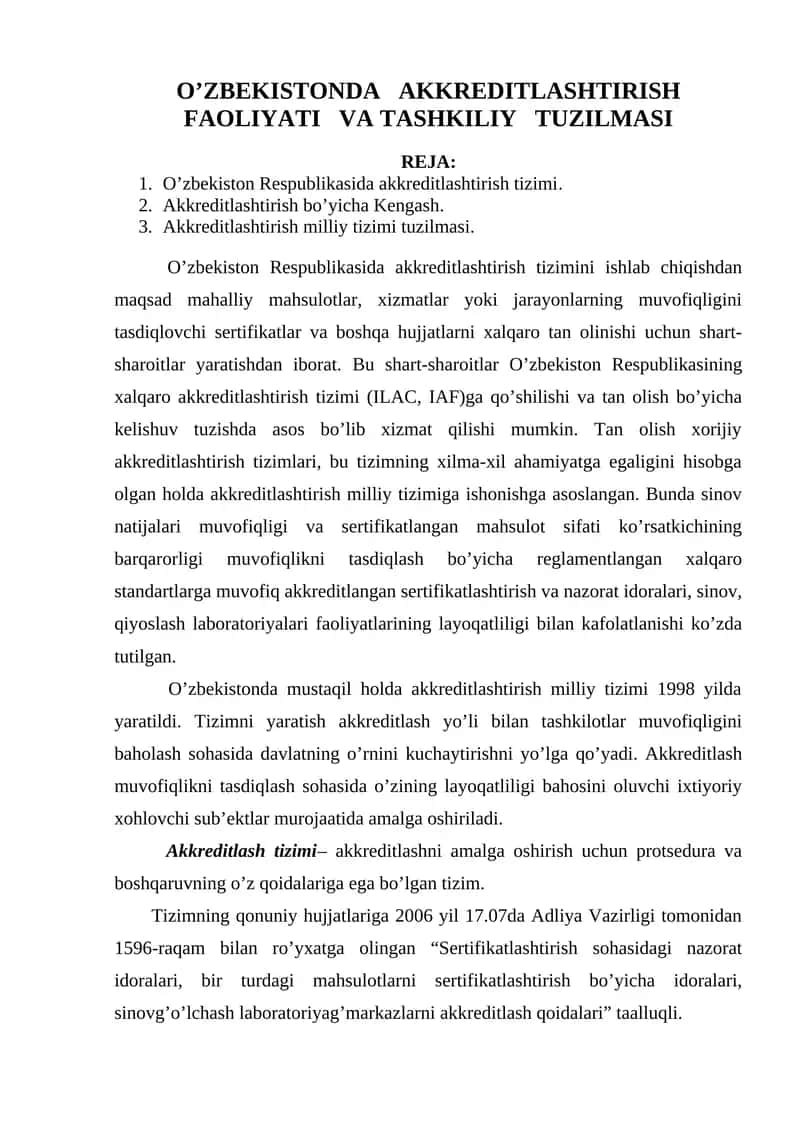 O’ZBEKISTONDA AKKREDITLASHTIRISH FAOLIYATI VA TASHKILIY TUZILMASI 1