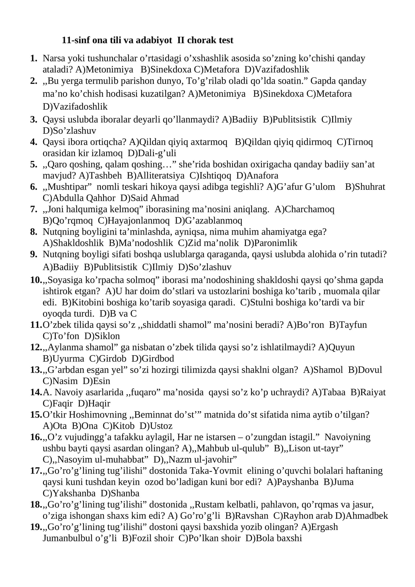 11-sinf ona tili va adabiyot II chorak test 1