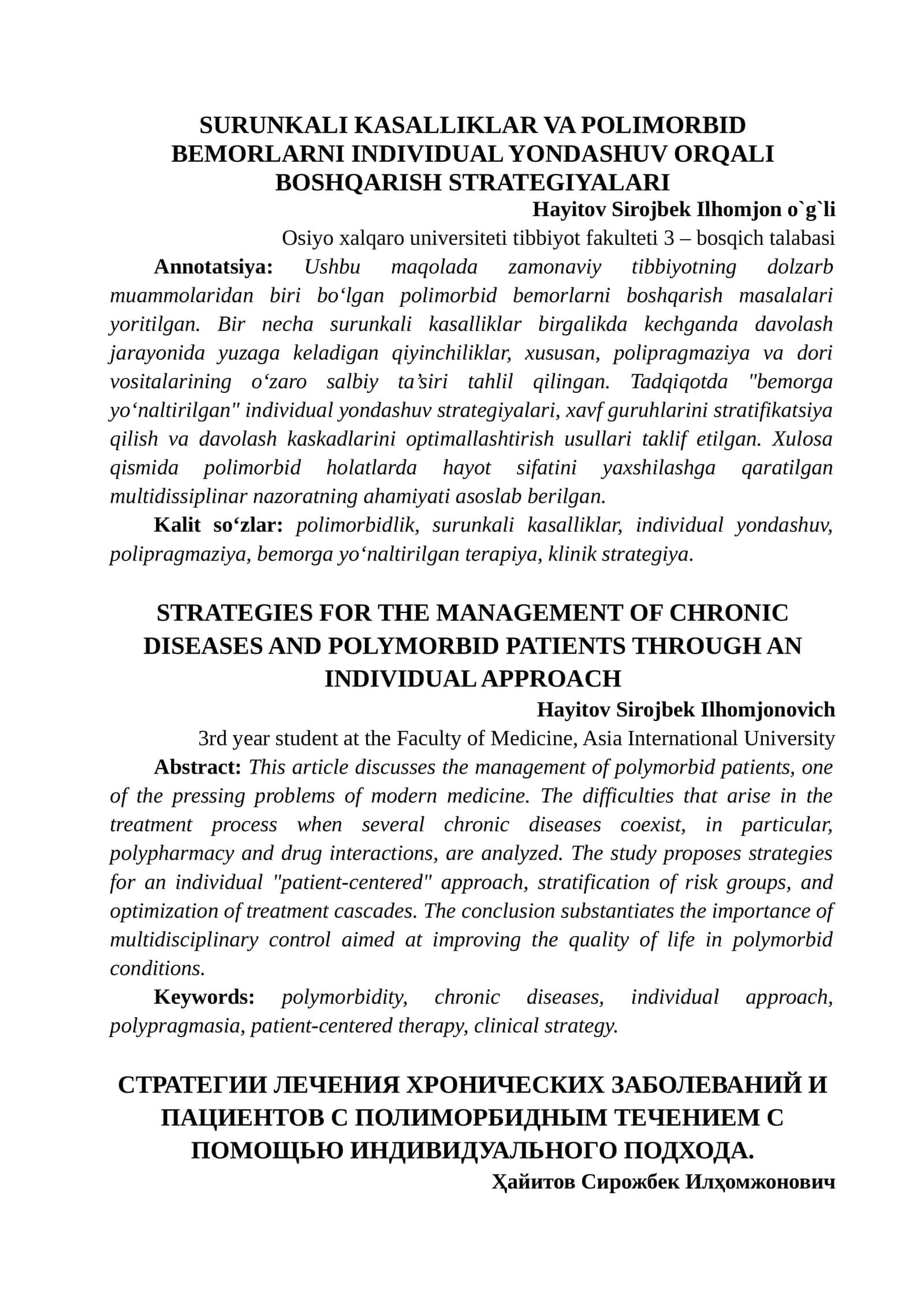 SURUNKALI KASALLIKLAR VA POLIMORBID BEMORLARNI INDIVIDUAL YONDASHUV ORQALI BOSHQARISH STRATEGIYALARI 1
